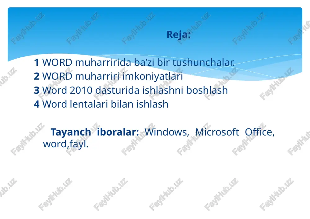 yxat, kiritish maydonlari yaratish tugmachalarini ifodalaydi. elementi upravleniya – hujjatga tugmachalar, pereklyuchatellar va visual basicning boshqa elementlarini joylaydi. word xat yoki maqolalar yaratishning bir necha shablonlarini taklif etadi. bitta shablondan ko’p marta foydalanish mumkin. hujjatni yaratish, saqlash, ochish va yopish uchun fayl tavsiyanomasi bo’limlaridan yoki “standartnaya” panelidagi tugmachalardan foydalanish mumkin. word matn muharriri hujjatlarni boshqa formatlarda xam saqlash imkoniga ega. biror hujjatni microsoft word formatidan farqli formatda saqlash uchun hujjatni saqlash darchasidagi “tip fayla” ro’yxat maydonidan kerakli format tanlanishi va “soxranit” tugmasi bosilishi kerak. matn protsessorlarining, shu jumladan word dasturining, muhim xususiyatlaridan biri matnni xar xil formatlash imkoniyati mavjudligidir. formatlashni uch xil ko’rinishini farqlashadi. belgilarni formatlash – bunda gap asosan shriftni o’zgartirish xaqida ketadi. abzastni formatlash – bunda matndagi aloxida abzastlar maydonlari o’lchamlarini, satrlar orasidagi intervallarni o’zgartirish va abzastlarni tekislash tushiniladi. sahifalarni formatlash – bunda sahifa ko’rinishini va o’lchamlarini tanlash, xoshiyalar o’lchamlarini o’zgartirish nazarda tutiladi. belgilarni formatlash matn yozishda shrift …
