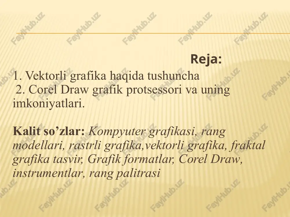 (coreltutor), nima yangilik? (what is new?) yangi hujjatni yaratish uchun menuning fayl (file) va yangi hujjat buyrugi (new) yoki instrumentlar panelidagi maxsus tugma bosiladi. hujjatni ochish uchun, menuning fayl (file) va ochish (open) buyruglari yoki instrumentlar panelidagi maxsus tugmalar yordamida amalga oshiriladi. corel draw dasturida bir vaqtning o’zida bir nechta hujjatlar bilan ishlash imkoniyatlari bor, shu bilan birga kerak bo’lmagan hujjatlarni yopib qo’ysa ham bo’ladi. bu esa menyuning fayl yopish(close) buyrugi yordamida amalga oshiriladi. asosiy menyu buyruqlari dastur ishga tushirilgandan keyin ekranda dastur oynasi namoyon bo’ladi, bu oyna foydalanuvchi interfeysi (user interface) yoki ishchi joyi (workspace) deb ataladi. interfeys foydalanuvchi va kompyuter orasidagi muloqotni o’rnatadi, ishlash uchun kerak bo’lgan barcha sharoitni yaratadi. shuni nazarda tutish kerakki, interfeys foydalanuvshi tomonidan o’zgartilgan bo’lib o’z ko’rinishidan o’zgacha bo’lishi ham mumkin. foydalanuvchi interfeysi quyidagilardan tashkil topadi: sarlavha, bosh menu, hujjarlarni ko’rish ushun ishchi oynalar, tasvirlarni redaktorlash ushun bir nechta panellar yigindisidan. oynaning markazidagi katta …