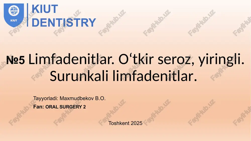ugunlarning vazifalari. limfatik tugunlar (nod lymphatici) periferik qon yaratuvchi va immunologik himoya a’zolaridan biridir. garchand har bir tugun u qadar katta bo‘lmasa-da, ularning son jihatdan ko‘pligi qon yaratilishi va immu nitet jarayonlarida yuqori o‘rinlardan birini egallaydi. ularning umumiy og‘irligi katta odamda taxminan 1,52 kg gacha yetishi mumkin. kiut dentistry limfatik tugunlar limfa tomirlari bo‘ylab joylashib, quyidagi vazifalarni bajaradi: – limfatik tugunlarda t- va b-limfotsitlarning ko‘payib, antigenga mos ravishda ixtisoslashishi kuzatiladi. t- va b- limfo tsitlarning o‘zaro hamda mikromuhit hu jayralari bilan birgalikdagi faoliyati natijasida ma’lum antigenlarga qarshi spetsifik antitelolar ishlab chiqariladi; – tugunlar oqib o‘tayotgan to‘qima suyuqligi yoki limfani o‘ziga xos biologik f iltr sifatida barcha yot antigenlardan tozalaydi; – tugunlar to‘qima suyuqligi uchun o‘ziga xos yig‘uvchi a’zo yoki depo hisoblanadi. shuningdek, limfatik tugunlarda qon orqali kelgan monotsitlarning makrofaglarga va iterdigitirlovchi hujayralarga aylanishi sodir bo‘ladi. kiut dentistry limfatik tugunlarni tekshirish usullari. teplovizion va ultratovush tek shiruvlari (utt) noinvazivligi sababli klinik …