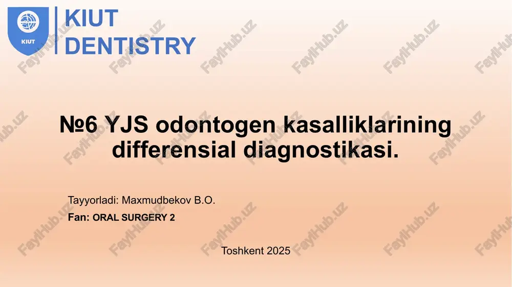 hi, regressiv) ostit deb ataganlar. n.a. gruzdev (1979) o‘tkir periodontit, o‘tkir ostit (ostit) va o‘tkir osteomi yelitni alohida-alohida kasallik (nozologik) shakllariga ajratdi, jag‘ atrofi to‘qima lari abssess, flegmona, adenofleg monalarni kasalliklarning asorati sifatida ajratdi. a.g. shargorodskiy (1985) yuz-jag‘ va bo‘yin sohalari odon togen yallig‘lanish kasalliklarining quyidagi shakllarini – perio dontit, ostit, osteomiyelit, limfadenit va gaymoritni alohida kasallik deb talqin etgan. kiut dentistry amaliyotda (ambulator sharoitda) ishlayotgan shifokorning vazifasi o‘tkir odontogen yallig‘lanish kasalligi bilan murojaat qilib kelgan bemorning shikoyatla rini o‘rganish, ko‘rikdan o‘tka zish, tana haroratini o‘lchash, kasallik davomiyligini aniqlab, jarayon kechayotgan o‘choqning (periodont, parodont, suyak, yumshoq to‘qimalarda) tarqalganlik ko‘lamini aniqlab xulosa qilish, ya’ni qayerda (poliklini ka, statsionar), qaysi mutaxassisda (terapevt, jarroh-stomatolog), qanday (konserva tiv yoki xirurgik, konservativ hamda xirurgik) usul yordamida davolanishi zarurligi rejasini tuzishdir. shularni e’tiborga olib, n.n. bajanov va hammualliflar (1990) o‘tkir odontogen yallig‘lanish kasalliklarining klinik-anatomik tasnifini yaratishdi. bu tasnif mualliflari periodont to‘qimasida kechayotgan o‘tkir yallig‘lanish jara yonida …