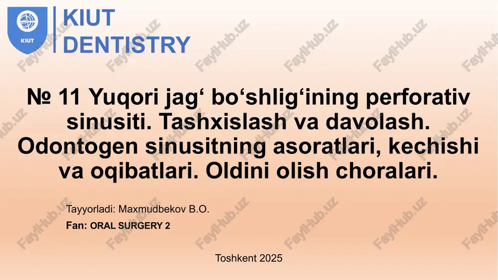 bo'shlik shillik pardasi ostida yoki kista ichida bo'lishi mumkin. kiut dentistry yuqori jag bo'shligi teshilganda, yalliglanish alomatlari bo'lmasa tish katakchasining kon bilan to'lib, ivishishini ta'minlashga karatilgan tadbirlar bajariladi: yodoformli doka katakcha ustiga bostirib ko'yiladi va atrofdagi tishlarga boglanadi, tez qotuvchi plasgmassadan kappa yasaladi va takiladi, bemorning o'zida olib qo'yiluvchi protez bo'lsa, shu bilan bostiriladi, katakchada qon ivishi sust bo'lib konga to'lmasa ichiga yodoformli doka yuza kiritilib atrofidagi shillik kavatga chok bilan mahkamlanadi va bir xafta shu xolatda ushlanadi. kiut dentistry yukori jag bo'shligi tubi teshigi katta bo'lib atrofdagi to'kimalar zararlangan bo'lsa bemorni jarroxlik stomatologiya bo'limiga tezkor ravishda yuborish kerak. kiut dentistry gaymor bo'shlig'i va alveola orasidagi perforatsiyani jarrohlik yo'li bilan bartaraf qilish kiut dentistry yuqori jag' tubi teshigini plastik yo'l bilan yopish:. a –kataksimon o'siq vestibulyar yuzasidan oligan laxtak bilan; b– tanglaydan olingan laxtak bilan. kiut dentistry pixler bo'yicha oyoqchali laxtak bilan oqma yo'lni bartaraf qilish. kiut dentistry aksxauzen bo'yicha …