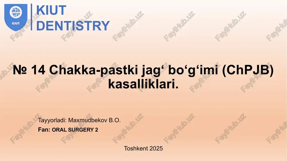 rotezlari, be- morni yomon odatlari (va boshqalar). keynchalik bo'g'im boshchasini xolati, uning harakati shakli va bo'gim elemyontlarini qarakatda ishtiroqi, xarakatlanish traektoriyasi, sinxronligi, tekisligi ( va boshka belgilar). maxcyc tekshiruv usullari: rentgenografiya, mastikatsiografiya, audiometriya, kompyuter tomografiyasi, mpt tekshiruvlar. bo'gim kasalliklari infektsion bo'lish ehtimoli bo'lgan be- morlarda qon analizlari o'tkaziladi. chakka pastki jag artriti.(chpja) kiut dentistry chpja bu bo'gim elemyontlarini spetsifik va nospetsifik in fektsiya yoki jarohat ta'sirida yalliglanishi. kechishi bo'yicha yalliglanish o'tkir va surunkali bo'lishi mum kin. etiologiya va rivojlanish. nospetsifik infektsion yalliglanish odatda bugim atrofida gi to'kimalardagi yiringli yalliglanish jarayonlaridan (yiringli otit, yiringli parotit, pastki jag osteomieliti) limfa va kon tomirlar orkali yoki bevosita bugim kapsulasini atrofdagi yi ringli jarayondan o'tishi natijasida rivojlanishi mumkin. kiut dentistry klinik kechishi. yiringli infektsiya chakirgan artrit odat da seroz yalliglanish shaklida kechadi va kasallik belgilari yakkol bo'lmaydi. bo'gimda qarakat paytida ogrik kuchayadi. bugim sohasida shish xosil bo'lib bosganda ogriydi. umumiy ahvol deyar- li o'zgarmaydi. …