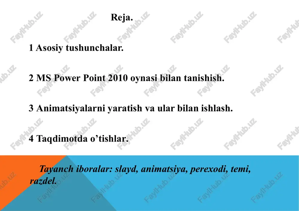 10 dasturisiz ishlay oladigan demonstratsiya power point - .ppsx (.pps), chop etilgan hujjat shaklida - .pdf, shuningdek xar bir sahifasini rasm shaklida - .jpeg, .gif va .tiff xamda video fayl shaklida - .wmv formatlarida saqlash imkonini beradi. 2. ms power point 2010 oynasi bilan tanishish ms power point 2010 oynasi ko’rinishi oddiy va sodda bo’lib, unda professional darajadagi taqdimotlar yaratishga kerak bo’ladigan barcha vosita(instrument)lar jamlangan. uning tasma(lenta)sida to’qqiz guruhga bo’lingan vkladkalar mavjud bo’lib, ularda: fayl – fayl yaratish, ochish, saqlash, chop etish, ma’lumot olish glavnaya – slaydlar, almashishlar buferi, shriftlar, abzatslar, chizmalar, qidirish va almashtirish vstavka – slaydga jadval, tasvir, illyustratsiya, gipermurojaat, matn, belgi va multimediyalar joylash dizayn – slayd sahifasi parametrlari, mavzulari va fonini tanlash perexodi – bir slayddan boshqasiga o’tish, slaydni ko’rsatish vaqti va tovush o’rnatish hamda tanlanganlarni ijro etib ko’rish animatsiya – slayd o’byektlariga harakat, qo’shimcha harakat, slaydni ko’rsatish vaqtini o’rnatish hamda tanlanganlarni ijro etib ko’rish pokaz …