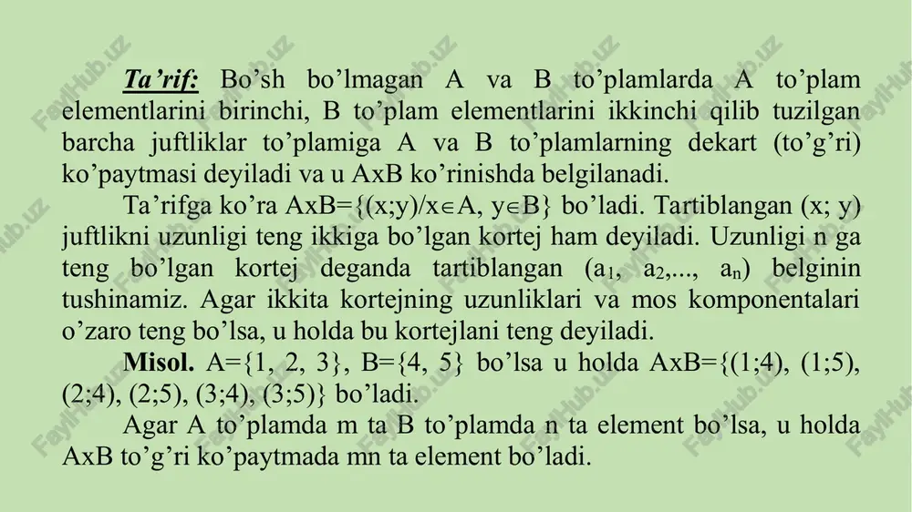rni  , r, s, t… harflar orqali belgilanadi. a  b da  o’rnida =, //,  ,      , … munosabatlar kelishi mumkin. misol. ikkita a va b natural sonlarning eng katta umumiy bo’luvchisini topish uch o’rinli (ternar) munosabat bo’ladi. quyida binar munosabat turlarini ko’raylik: 1. refleksi v lik munosabati. ta’rif: agar a to’plamning ixtiyoriy a elementi uchun a  a bajarilsa (bajarilmasa), u holda  ga a to’plamda aniqlangan refleksiv (antirefleksiv) munosabati deyiladi. agar a to’plamning ba’zi bir a elementi uchun a  a b ajarilib, ba’zi bir b elementi uchun b  b bajarilmasa, u holda  ga a to’plamdagi refleksifmas munosabat deyiladi. masalan, r haqiqiy sonlar to’plamida aniqlangan “tenglik” munosabati refliksev, lekin “kichik” (“katta”) munosabati antirefliklsev munosabat b o’ladi. 2. simmetrik munosabat. ta’rif : agar a to’plamning ixtiyoriy a va b elemementlari uchun a  b munosabatning o’rinli ekanligidan b  …