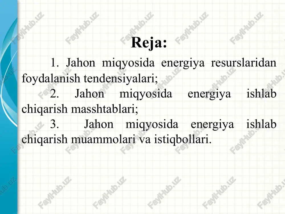 rtirilgan energiyani uzatish va taqsimlash. 5. energiyani u uzatilgan va o‘zgartirilgan ko‘rinishlarda iste'mol qilish. turli ieslarda energiyani o‘zgartirish samaradorligi iesning turi samaradorligi, % ko‘mir odatdagi usulda yoqiluvchi ies 38-47 ko‘mir yuqori bosim ostida qaynovchi qatlam hosil qilib yoqiluvchi ies 45 gaz turbinali ies 30-39 bug‘-gaz turbinali ies 59 jahon miqyosida gidroenergiya zahirasi mavjud geslarning o‘rnatilgan quvvatlari to‘la nazariy texnik ishlatish mumkin bo‘lgan imkoniyati (tvt.soat/yil) imkoniyati (tvt.soat/yil) afrika shimol. amerika janub. amerika osiyo yevropa o‘rta sharq okeaniya jami afrika shimol. amerika janub. amerika osiyo yevropa o‘rta sharq okeaniya jami mvt jahon miqyosida tipik geslarning umumiy va solishtirma narxlari quvvati kap. xarajat solish narx (mvt) (mln. $) ($/kvt) «tri ushelya» — gravitatsionnaya plotinnaya gidroelektrostantsiya, raspolojennaya na reke yantszi v provintsii xubey, kitay. yavlyaetsya krupneyshey v mire elektrostantsiey po ustanovlennoy moshnosti v 22,5 gvt. s 2014 goda godovoe proizvodstvo elektrostantsii sostavlyalo 90—100 mlrd kvt⋅ch. jahon miqyosida shamol energiya resursining taqsimlanishi potensial resurs (tvt.soat/yil) …