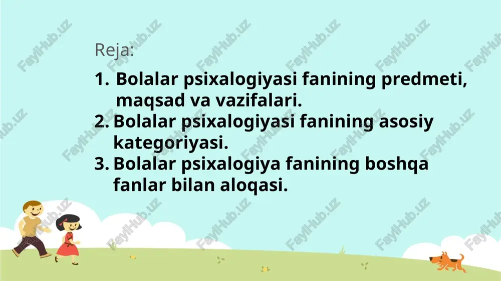 laning xomila davridagi rivojla­nishini tobora chuqurroq o‘rganish natijasida ro‘y bermoqda. fanning asosiy kategoriyalari. «yosh», «bolalik», «taraqqiyot», «o‘sish», «determinizm», “geteroxronlik”, «tizimlilik», «taraqqiyotning ijtimoiy vaziyati», «yetakchi faoliyat turi» geteroxronlik - bir xil yoshshdagi odamlarda ruhiy jarayonlarning turlicha kechishi bolalik-ontogenezning dastlabki davrlarini belgilash uchun (tugilgandan o‘smirlikkacha bo‘lgan davrni belgilash uchun) qo‘llanadigan tushuncha. yosh davrlarining an’anaviy tasnifiga ko‘ra bolalik: go‘daklik (tug‘ilgandan 1 yoshgacha) , ilk bolalik (1 yoshdan 3 yoshgacha), maktabgacha yosh (3 yoshdan 6-7 yoshgacha) va kichik maktab yoshi (6-7 yoshdan 10-11yoshgacha) davrlarini o‘z ichiga oladi. bolalik – jadal psixik taraqlqiyot davridir. tarqqiyot – narsa yoki xodisalarning vaqt o‘tishi bilan miqdor va sifat jihatdan o‘zgarishi natijasida yuqoriroq darajaga ko‘tarilishi. psixika tarqqiyoti – tug‘ilgandan boshlab yosh davrlari o‘tishi bilan psixika faoliyatining takomillashishidir. psixik taraqqiyot bolaning insoniyat tarixi davomida to‘plangan bilim va tajribalarni o‘zlashtirishi hamda shaxs sifatida shakllanib borishi jarayonidan iborat. yosh-individ psixik taraqqiyotining aniq vaqt chegarasiga ega bo‘lgan bosqichi. psixik taraqqiyotning har bir bosqichida …