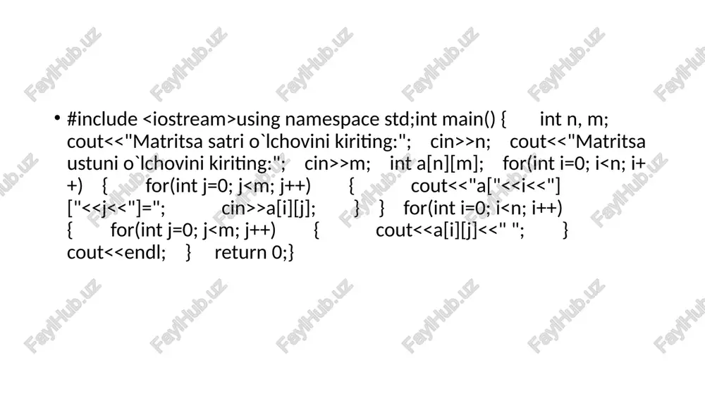 turli 100ta elementli massiv return 0; } massivlarni elementlariga murojat qilish uchun uning har bir elementining o’z indeksi bo‘yicha murojat qilinadi. massiv elementlariga murojat qilishni quyidagi shakl orqali bajariladi. quyidagi ikki o‘lchovli massiv berilgan bo‘lsin. a = () a(3,3) massivning elementlariga c++ dasturlash tilida murojat qilish quyidagicha ko‘rinishda bo‘ladi. a[1][1]=1, a[2][1]=2, a[3][1]=3, a[1][2]=4, a[2][2]=5, a[3][2]=6, a[1][3]=7, a[2][3]=8, a[3][3]=9, a = () #include int main() { int a[][]={{1,2,3}{4,5,6}{7,8,9}}; return 0; } massiv elementlari soni oldindan berilmag, komplyator massiv elementlar sonini boshlang’ich qiymatlarga qarab aniqlaydi. ikki o‘lchovli massiv elementlari boshlang’ich qiymatlari oldindan berilmagan bo’lsa, uning elementlar sonini oldindan berish kerak bo‘ladi. #include int main() { int a[3][3]; for(int i=0;i >a[i][j]; return 0; } o’zgartiring: #include using namespace std; int main() { int a[3][3]; for(int i=0;i >a[i][j]; for(int i=0;i #include using namespace std; int main(){ int m, n, a[10][10]; cout > m; cout > n; cout > a[satr][ustun];} for(int satr = 0; satr …