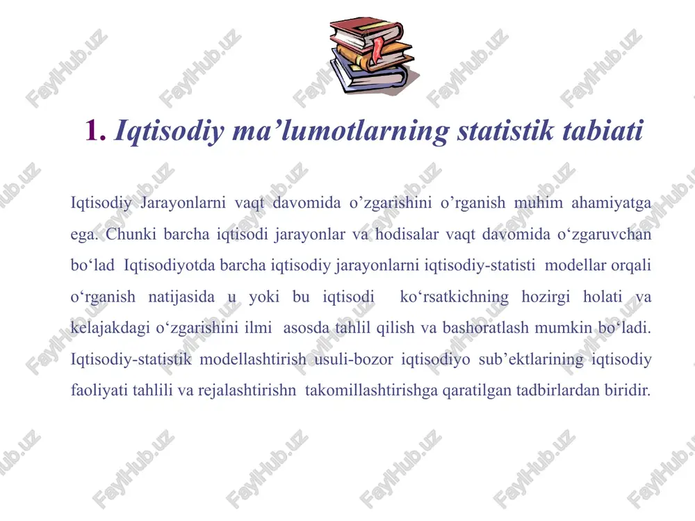 ko‘rsatkichlari, omillar va ob’ektlar majmuining noaniqligi. tarkibiy – aniqlanmagan xilma-xilliklarning mavjudligi. modelli – ko‘rsatkichlar va dalillar o‘rtasida bog‘lanish shakllaridan noto‘g‘ri foydalanish. iqtisodiy ma’lumotlarning statistik tabiati asosiy iqtisodiy-statistik tushunchalar: tasodifiy miqdor x deb, avvaldan noma’lum bo‘lgan va oldindan inobatga olib bo‘lmaydigan tasodifiy sabablarga bog‘liq bo‘lgan hamda sinash natijasida bitta mumkin bo‘lgan qiymat qabul qiluvchi miqdorga aytiladi. diskret (uzlukli) tasodifiy miqdor deb, ayrim, ajralgan qiymatlarni ma’lum ehtimollar bilan qabul qiluvchi miqdorga aytiladi. uzluksiz tasodifiy miqdor deb chekli yoki cheksiz oraliqdagi barcha qiymatlarini qabul qilishi mumkin bo‘lgan miqdorga aytiladi. diskret tasodifiy miqdorning matematik kutishi deb, uning barcha mumkin bo‘lgan qiymatlarini mos ehtimollarga ko‘paytmalari (1) (4) n x2 p2  ...  xn pn   xi pi i1 yig‘indisiga aytiladi: m ( x )  x1 p1 matematik kutishning xossalari 1-xossa. o‘zgarmas miqdorning matematik kutishi shu o‘zgarmasning o‘ziga teng: m (c)  c (2); 2-xossa. o‘zgarmas ko‘paytuvchini matematik kutish belgisidan tashqariga chiqarish mumkin: …