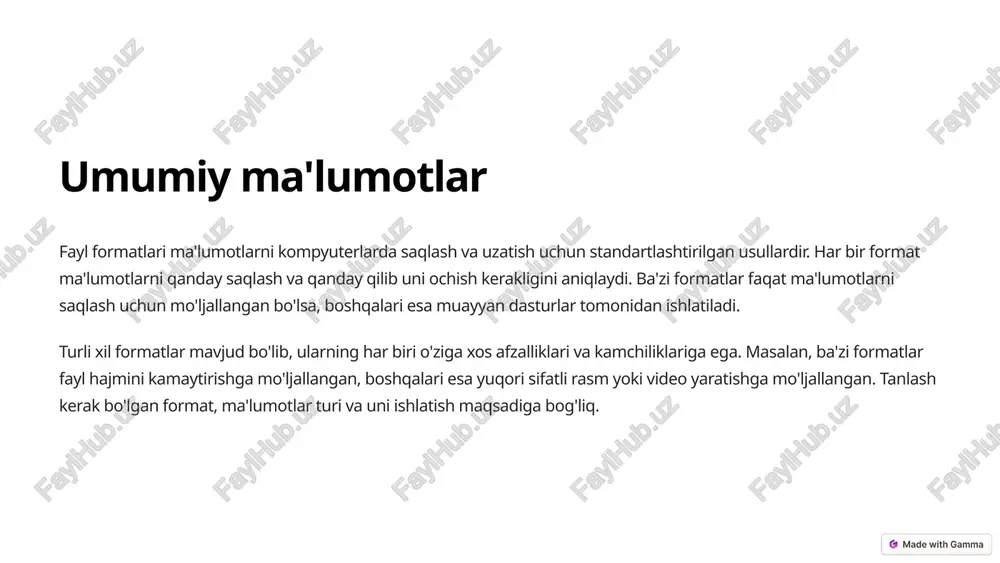 formatlari: - **pdf (portable document format)**: bu formatda har qanday platformalar o'rtasida hujjatlarni saqlash va almashish mumkin. - **doc (microsoft word document)**: bu formatda matnli hujjatlarni yaratish, tahrirlash va formatlash mumkin. - **docx (microsoft word open xml document)**: bu formatda matnli hujjatlarni saqlash va almashish mumkin, u doc formatiga qaraganda kamroq hajmdagi fayllarni yaratadi. - **rtf (rich text format)**: bu formatda turli xil dasturlarda ishlatiladigan matnli hujjatlarni saqlash mumkin. - **txt (plain text)**: bu formatda faqat matnni saqlash mumkin. - **xml (extensible markup language)**: bu formatda ma'lumotlarni saqlash va almashish uchun ishlatiladi. 4 arxiv fayl formatlari arxiv fayllari bir nechta fayllarni bitta faylga birlashtiradi, bu ularni saqlash va uzatishni osonlashtiradi. ushbu formatlar fayllarni siqishga imkon beradi, bu ularni hajmini kamaytiradi va saqlash yoki uzatish uchun kamroq joy egallaydi. asosiy arxiv fayl formatlari: - **zip**: bu formatda fayllarni siqish va birlashtirish mumkin. - **rar**: bu formatda fayllarni siqish va birlashtirish mumkin, …