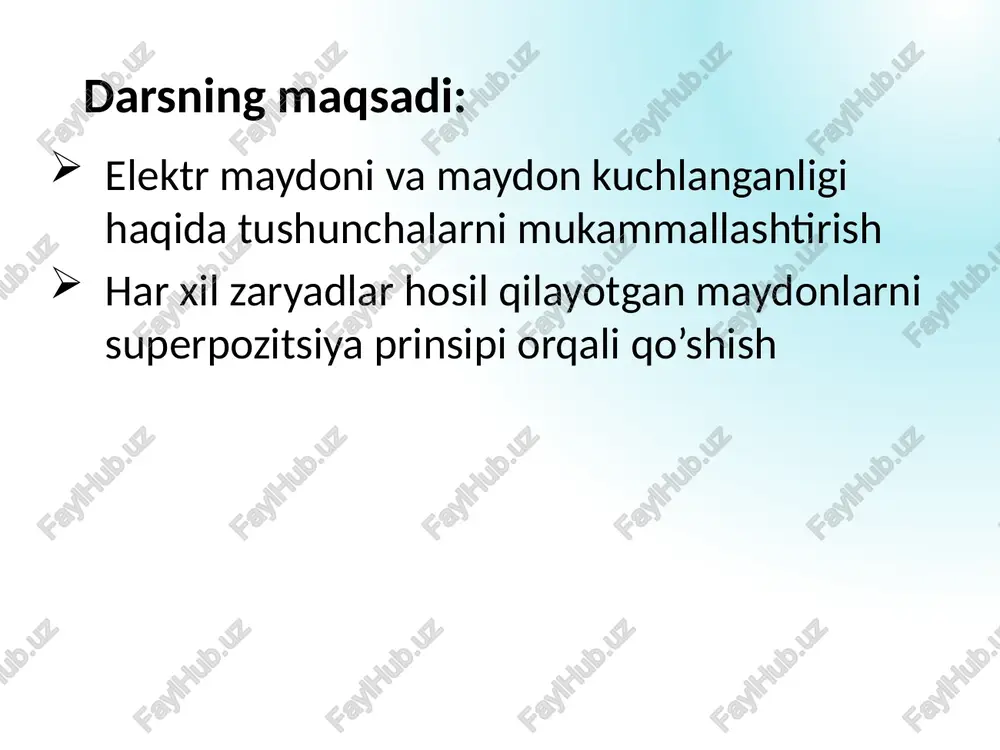 arishadi? 310-5 n kuch bilan tortishadi. 10-3 n kuch bilan tortishadi. 310-5 n kuch bilan itarishadi. 10-3 n kuch bilan itarishadi. 7. ikki nuqtaviy zaryad orasidagi masofa 2 marta oshirilsa kulon kuchlari qanday o’zgaradi? 2 marta ortadi 2 marta kamayadi 4 marta ortadi 4 marta kamayadi 8. ikkita zaryadlangan nuqtaviy jism orasidagi o’zaro ta’sir kuchi f ga teng. agar har bir jismdagi zaryad 3 marta kamaytirilsa, ular orasidagi o’zaro ta’sir kuchi nimaga teng bo’ladi? 3 marta ortadi 3 marta kamayadi 9 marta ortadi 9 marta kamayadi 9. jadvalda zaryadlangan jismlar orasidagi masofa har xil bo’lgandagi ta’sir kuchlari ko’rsatilgan. kuch va masofa haqida qanday xulosa chiqarish mumkin? r (sm) 1 2 4 10 f (n) 10-8 2.3.10-9 0.6.10-9 10-10 kuch juda kichik, uni hisobga olmaslik mumkin masofa o’zgarishi bilan birga kuch kamayib boradi bog’liqlik yo’q r 10 sm dan oshsa kuch 0 ga intiladi 1.↓ 2. ↑ 3. ← 4. → …