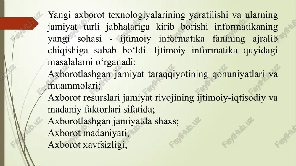 chun zarur bo‘ladigan axborot resurslaridan foydalana olishi; zamonaviy axborot texnologiyalari va aloqa vositalarining taqdim etilishi; ijtimoiy-iqtisodiy va ilmiy-texnikaviy rivojlanish masalalarini echish uchun zarur bo‘lgan axborot resurslarini doimiy yangilash va to‘ldirish imkoniyatini beruvchi rivojlangan axborot infrastrukturasiga ega bo‘lish; axborotlashgan jamiyat darajasiga eng yaqin kelgan davlatlarga aqsh, yaponiya, g‘arbiy evropa davlatlari kiradi. bininchi informatsion inqilob insoniyatning axborotlashgan jamiyat sari bosib o‘tgan yo‘li. axborot hamisha jamiyat hayotida ham, alohida shaxs hayotida ham muhim o‘rin egallagan. insoniyat tarixida axborotlarni yig‘ish, saqlash va uzatish vositalarining pivojlanish jarayoni bir tekis kechmagan va bir necha bor axborot sohasida “informatsion inqilob” deb ataluvchi global ahamiyat kasb etuvchi hodisalar yuz bergan. birinchi information inqilob yozuvning kashf etilishi bilan bog‘liq. yozuv insoniyatga bilimlarni to‘plash va uni avlodlarga uzatish imkonini berdi.o‘z yozuviga ega bo‘lgan sivilizatsiyalar boshqalariga nisbatan uqori iqtisodiq va madaniy darajaga erishganligi ma’lum. bunga misol qilib, qadimgi misr, ikki daryo oralog‘i davlatlari, xitoy kabilarni keltirish mumkin. bu borada piktografik va …