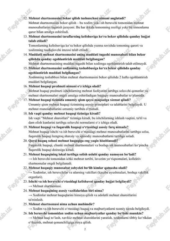lishlari kerak. 9. ish beruvchi xodimni mehnat shartlarini o‘zgartirish to‘g‘risida kamida qancha muddat avval ogohlantirishi kerak? 2 hafta avval. 10. xodimni sog‘lig‘i holatiga ko‘ra vaqtincha boshqa ishga o‘tkazish uchun ish beruvchi qanday xulosaga asoslanishi kerak? tibbiy xulosaga asoslanishi kerak, ya’ni xodimning ishga yaroqliligi haqida tibbiy mutaxassisdan rasmiy xulosa olinishi kerak. 11. kasaba uyushmasi organining qaroridan norozi bo'lgan manfaatdor xodim yoki ish beruvchi … muddatda yuqori kasaba uyushmasi organiga shikoyat qilish huquqiga ega. 1 oy ichida. 12. mehnat shartnomasini bekor qilish tushunchasi nimani anglatadi? mehnat shartnomasini bekor qilish – bu xodim yoki ish beruvchi tomonidan mehnat munosabatlarini tugatish jarayoni. bu har ikkala tomonning roziligi yoki bir tomonlama qaror bilan amalga oshiriladi. 13. mehnat shartnomasini taraflarning kelishuviga ko‘ra bekor qilishda qanday hujjat talab etiladi? tomonlarning kelishuviga ko‘ra bekor qilishda yozma ravishda tomoning qarori va xodimning tasdiqlovchi imzosi talab etiladi. 14. muddatli mehnat shartnomasini uning muddati tugashi munosabati bilan bekor qilishda qanday ogohlantirish …