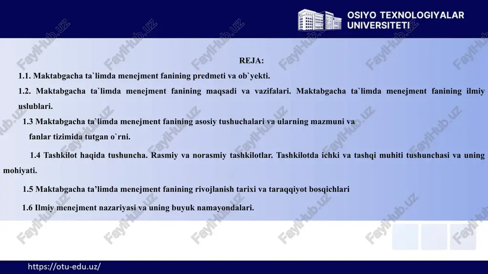 i shakllantirish. menejment fanining ilmiy uslublari tizimli yondashuv kompleks yondashuv vaziyatli yondashuv integratsion yondashuv 1.1. maktabgacha ta`limda menejment fanining predmeti va ob`yekti. 6 obyektning boshqa tizimlar bilan o'zaro bog'liqligini o'rganish. aniq sharoitga mos boshqaruv uslubini qo'llash. turli yondashuvlarni birgalikda qo'llash. boshqariluvchi obyektni yaxlit tizim sifatida ko'rib chiqish. menejment fanining asosiy tushunchalari xarajat xizmat ko'rsatish yoki mahsulot ishlab chiqarish uchun sarflanadigan mablag'lar yig'indisi. naf xizmat yoki mahsulotning iste'molchilarga keltirgan ijobiy natijasi. baho xizmat yoki tovarning pulda ifodalangan qiymati. innovatsiya yangi xizmatlar, tovarlar yoki jarayonlarni yuqori sifatda ishlab chiqish. 1.2. maktabgacha ta`limda menejment fanining maqsadi va vazifalari. maktabgacha ta`limda menejment fanining ilmiy uslublari. 7 menejment fanining boshqa fanlar bilan aloqasi falsafa menejmentning nazariy asoslari falsafa qonunlari asosida takomillashadi. iqtisodiyot menejment iqtisodiy masalalar bilan uzviy bog'langan. sotsiologiya va psixologiya inson faolligini o'rganishda bu fanlar bilan bog'liq. huquqshunoslik menejmentning huquqiy asoslarini belgilaydi. 1.2. maktabgacha ta`limda menejment fanining maqsadi va vazifalari. maktabgacha ta`limda menejment fanining …