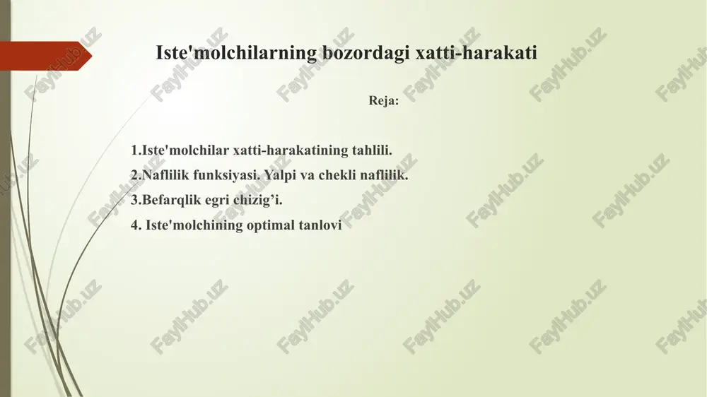 zmatlaming moddly va ma'naviy ehttyo|lar qondirilishini ta'minlash, ya'ni ularning qanoatlantirish manbai bo'lish xususiyati hisoblanadi. naflilik - jamiyat yoki biror bir shaxsni ehtiyojlarini qondra olish qpbiliyatidir. tovar va xizmatlarning nafliliklarning sifati bilan bog'lig, sifat ko'rsatkichlariga quyidagilarni kiritish_ mumkin: sog`liqqa foydaliligi, dizaynining estetik chiroyi, foydalanish osonlig, uzoq muddatlilik, qulaylilik, individuallilik, xavfsizlilik, yuqori statusga ega ekanlilik bozordagi iste'molchilarning xatti-xarakatiga qarab naflilikni ikki xil tahlil qilish mumkin birinchisi, naflilikni son jihatdan o'lchab tahlil qilish, ikkinchisi, naflilikni son jihatdan o'lchab emas, balki tabaqalashtirish orqali, ya'ni yuqori va quyi naflilik, eng yaxshi va eng yomon naflilik va x.k. yalpi naflilik (total utility) - ma'lum bir vaqtda, ma'lum bir tovar yoki xizmatni iste'mol qilish natijasida olinadigan yalpi qondirish. naflilik funksiyasi - iste'molchining individual istagini aniqlab beruvchi iste'mol xajmi va yalpi naflilik o'rtasidagi son jihatdan bogliqlikni ko'rsatadi. naflilik funksiyast iste'molch ining iste'mol qiladigan ne'matlar xajmi bilan, u ushbu ne'matlarni iste'mol qilish natijasida oladigan naflilik darajasini ifodalaydi. naflilik funksiyasi …
