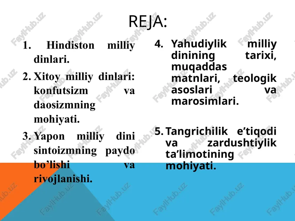 'zga ko'ringan izdoshlari orasida mamlakatning obro'li xonadonlaridan bo'lgan kishilar bilan bir qatorda kambag'al, oddiy kishilar ham bo'lgan. konfutsiyning falsafiy qarashlari tszyun-tszi ya'ni yuksak ma'naviyatli inson ikki asosiy xususiyatga ega bo'lishi kerak: insoniylik va mas'uliyat (ajdodlar oldidagi qarz)ni his qilish. syao u inson o'z ota-onasiga munosib bo'lishi haqidagi g'oyani o'zida mujassam qilgan. konfutsiy fikricha, inson uchun syaodan muhimroq narsa yo'q. u: «syao va di (ukaning akaga, kichiklarning kattalarga hurmati) insoniylikning asosidir» degan. sintoizm sintoizm dini qadimgi yaponiyada vujudga kelgan (sinto – «xudolar yo'li»). -butun borliq dunyoning o'z-o'zicha rivojlanishi natijasidir. - hayot kuchini anglatadi. hayotdagi har bir tabiiy holat hurmat qilinadi. - tabiat bilan tarixni yagona deb tushuntiradi. - ko'pxudolik tushunchasi bilan bog'liq. - milliy ruhiy asos bilan bog'liq. bayramlari sintoizmning keng tarqalgan bayramlaridan biri motsuridir. bu bayram ba'zi ibodatxonalarda yilda bir marta, ba'zilarida esa ikki marta nishonlanadi. xalq e'tiqod qiladigan xayvonlar tulki maymun sher kiyik toshbaqa, ilon, baliq qisqichbaqa sintoiylik ta'limotiga …