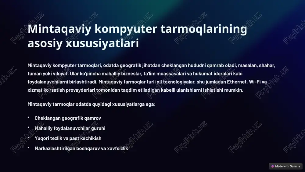 kamchiliklari mintaqaviy kompyuter tarmoqlari quyidagi kamchiliklarga ega: cheklangan qamrov: mintaqaviy tarmoqlar faqat ma'lum bir geografik hududni qamrab oladi, shuning uchun foydalanuvchilar tashqariga chiqqanda ulanish imkoniga ega bo'lmasligi mumkin. cheklangan resurslar: mintaqaviy tarmoqlar global tarmoqlarga qaraganda kamroq resurslarga ega bo'lishi mumkin, bu esa foydalanuvchilarning internetga kirish tezligi va sifatiga ta'sir qilishi mumkin. o'zaro ulanishning yo'qligi: mintaqaviy tarmoqlar boshqa mintaqaviy yoki global tarmoqlar bilan o'zaro ulanishda qiyinchiliklarga duch kelishi mumkin, bu esa foydalanuvchilarning boshqa mintaqalardagi foydalanuvchilar bilan aloqa qilishini cheklashi mumkin. 4 global kompyuter tarmoqlarining asosiy xususiyatlari global kompyuter tarmoqlari butun dunyo bo'ylab kompyuterlarni birlashtiradi va bu kompyuterlar o'rtasida ma'lumot uzatishga imkon beradi. ular turli xil davlatlar, qit'alar va hatto okeanlar bo'ylab tarqalgan foydalanuvchilar va tashkilotlarni birlashtiradi. global tarmoqlar, odatda, internet kabi ulkan infratuzilmani o'z ichiga oladi, bu esa turli xil provayderlar, kabel va simsiz texnologiyalar, yo'ldosh aloqasi va boshqa texnologiyalarni birlashtiradi. global tarmoqlar odatda quyidagi xususiyatlarga ega: keng qamrov turli xil …