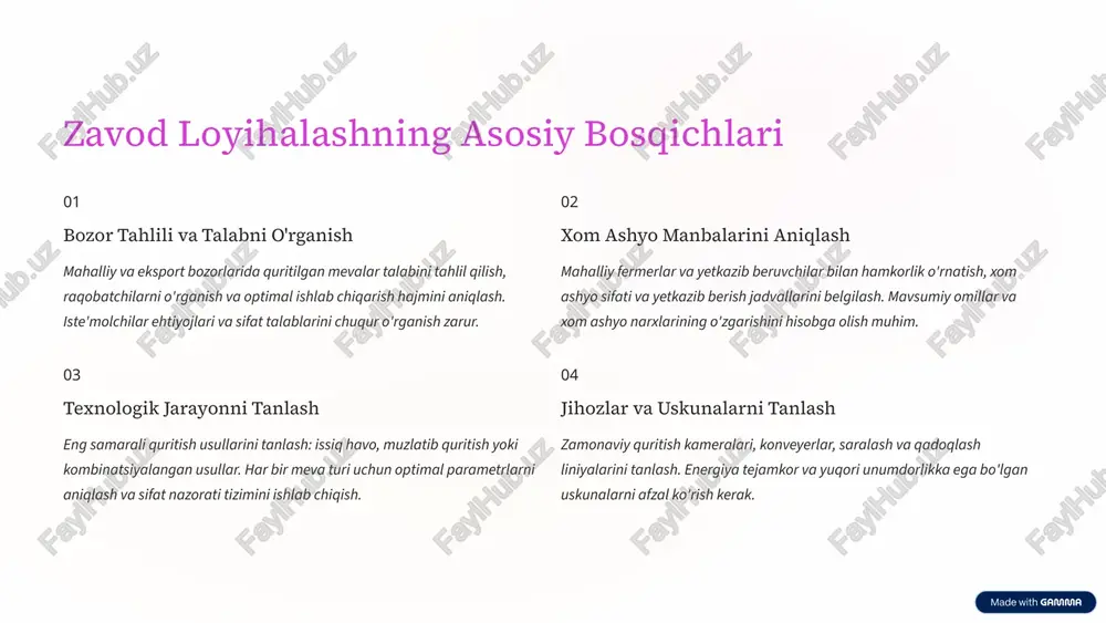 yo'qolishi mumkin. quritish vaqti 8-24 soat davom etadi. arzon va oddiy texnologiya yuqori unumdorlik keng miqyosda qo'llash imkoniyati muzlatib quritish eng yuqori sifatli mahsulot olish uchun qo'llaniladigan zamonaviy usul. mevalar avval muzlatiladi, keyin vakuum sharoitida sublimatsiya jarayoni orqali quritiladi. barcha foydali moddalar saqlanadi. maksimal sifat saqlash vitamin va minerallar yo'qolmaydi uzun muddat saqlash imkoniyati kombinatsiyalangan usul turli usullarni birlashtirish orqali optimal natijaga erishish. dastlab past haroratda, keyin yuqori haroratda quritish yoki infraqizil nurlar bilan kombinatsiya qilish mumkin. moslashuvchan jarayon sifat va narx muvozanati turli meva turlari uchun optimal 4 quritish jarayonining texnik parametrlari harorat (°c) vaqt (soat) namlik (%) har bir meva turi uchun optimal quritish parametrlari aniq belgilanishi kerak. bu parametrlar mahsulot sifatini ta'minlash va energiya sarfini kamaytirish uchun muhim ahamiyatga ega. harorat, vaqt va namlik darajasini to'g'ri nazorat qilish orqali yuqori sifatli quritilgan mevalar olish mumkin. 5 sifat nazorati va standartlar mikrobiologik nazorat quritilgan mevalar zararli mikroorganizmlardan xoli …