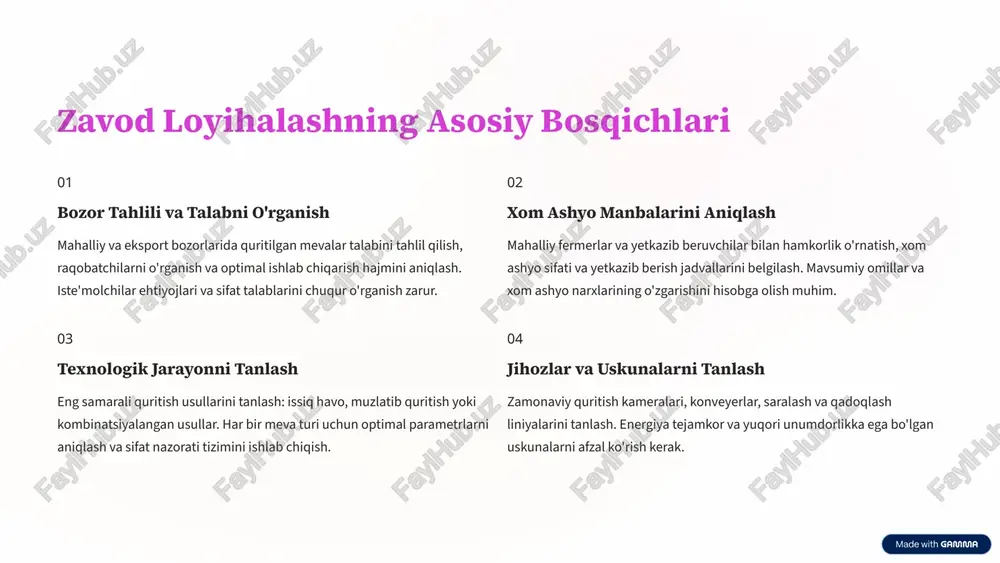 sh vaqti 8-24 soat davom etadi. arzon va oddiy texnologiya yuqori unumdorlik keng miqyosda qo'llash imkoniyati muzlatib quritish eng yuqori sifatli mahsulot olish uchun qo'llaniladigan zamonaviy usul. mevalar avval muzlatiladi, keyin vakuum sharoitida sublimatsiya jarayoni orqali quritiladi. barcha foydali moddalar saqlanadi. maksimal sifat saqlash vitamin va minerallar yo'qolmaydi uzun muddat saqlash imkoniyati kombinatsiyalangan usul turli usullarni birlashtirish orqali optimal natijaga erishish. dastlab past haroratda, keyin yuqori haroratda quritish yoki infraqizil nurlar bilan kombinatsiya qilish mumkin. moslashuvchan jarayon sifat va narx muvozanati turli meva turlari uchun optimal 4 quritish jarayonining texnik parametrlari harorat (°c) vaqt (soat) namlik (%) har bir meva turi uchun optimal quritish parametrlari aniq belgilanishi kerak. bu parametrlar mahsulot sifatini ta'minlash va energiya sarfini kamaytirish uchun muhim ahamiyatga ega. harorat, vaqt va namlik darajasini to'g'ri nazorat qilish orqali yuqori sifatli quritilgan mevalar olish mumkin. 5 sifat nazorati va standartlar mikrobiologik nazorat quritilgan mevalar zararli mikroorganizmlardan xoli bo'lishi kerak. …