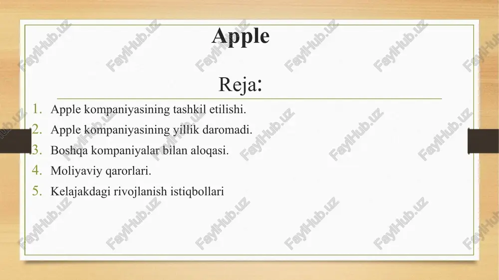 ar to’plamining bir qismi sifatida ularning nyugurishlarini kuzatish va do’stlari bilan bo’lishish imkonini beradi. apple va nike hamkorligi apple va microsoft hamkorligi ushbu hamkorlikda ular o’zaro litsenziyani qo’lga kiritdilar.bunda apple tizimi microsoft office dasturiy ta’minotni ta’minlaydi va microsoft ie ni apple uchun standart brauzer sifatida o’rnatadi. apple 118,5 milliard dollarlik qarz va 2844 milliard dollarlik kapital bilan qarz va kapitalning optimal boshqariladigan aralashmasini saqlab turadi. 2021-yilda apple kapitalining o’rtacha qiymati 9,67% ni tashkil etdi. applening moliyaviy qarorlari moliyaviy qarorlar doimiy ravishda korxona faoliyati davomida, ishga tushirilganidan boshlab qabul qilinadi. qarorlar sezilarli darajada kengaytirish yoki qilmaslik, yangi yoki turli biznes operatsiyalari yoki mahsulotlarga sarmoya kiritish yoki kiritmaslikni o’z ichiga oladi. likvidlilik va daromadlarni muvozanatlash apple naqd pul mablag’larini bank depozitlari va sotiladigan qimmatli qog’ozlar o’rtasida diversifikatsiya qiladi. ular zudlik bilan ehtiyojlar uchun 38,016 millard dollar naqd pul va ekvivalentlarni saqlab qolishadi,qolganlari esa yaxshi daromad olish uchun davlat obligatsiyalari,korporativ obligatsiyalar va apple …