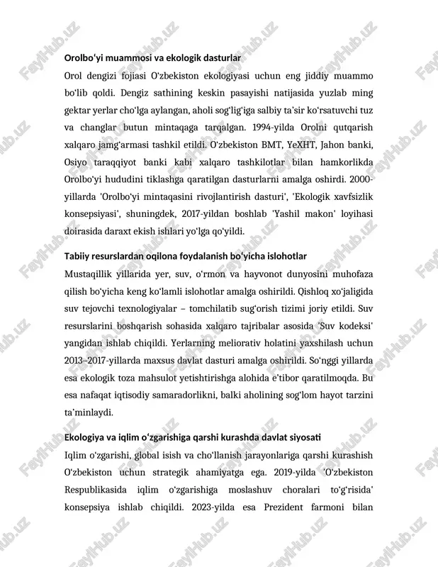 2017-yildan boshlab 'yashil makon' loyihasi doirasida daraxt ekish ishlari yo‘lga qo‘yildi. tabiiy resurslardan oqilona foydalanish bo‘yicha islohotlar mustaqillik yillarida yer, suv, o‘rmon va hayvonot dunyosini muhofaza qilish bo‘yicha keng ko‘lamli islohotlar amalga oshirildi. qishloq xo‘jaligida suv tejovchi texnologiyalar – tomchilatib sug‘orish tizimi joriy etildi. suv resurslarini boshqarish sohasida xalqaro tajribalar asosida 'suv kodeksi' yangidan ishlab chiqildi. yerlarning meliorativ holatini yaxshilash uchun 2013–2017-yillarda maxsus davlat dasturi amalga oshirildi. so‘nggi yillarda esa ekologik toza mahsulot yetishtirishga alohida e’tibor qaratilmoqda. bu esa nafaqat iqtisodiy samaradorlikni, balki aholining sog‘lom hayot tarzini ta’minlaydi. ekologiya va iqlim o‘zgarishiga qarshi kurashda davlat siyosati iqlim o‘zgarishi, global isish va cho‘llanish jarayonlariga qarshi kurashish o‘zbekiston uchun strategik ahamiyatga ega. 2019-yilda 'o‘zbekiston respublikasida iqlim o‘zgarishiga moslashuv choralari to‘g‘risida' konsepsiya ishlab chiqildi. 2023-yilda esa prezident farmoni bilan ekologiya, atrof-muhitni muhofaza qilish va iqlim o‘zgarishi vazirligi tashkil etildi. mazkur vazirlik iqlim siyosatini amalga oshirish, chiqindilarni kamaytirish, qayta tiklanuvchi energiya manbalaridan foydalanish bo‘yicha …