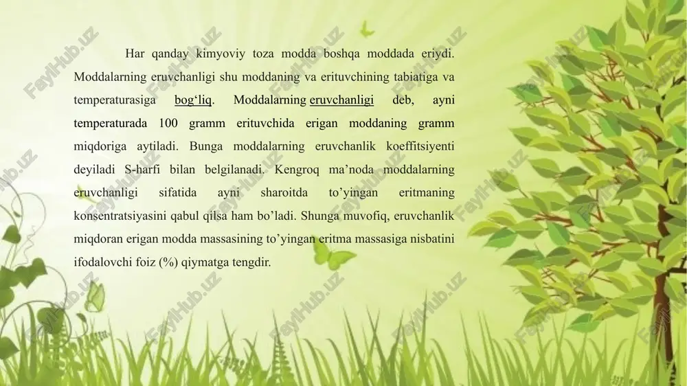 dalarning eruvchanlik koeffitsiyentiga koʻra to’yinmagan, to’yingan va o’ta to’yingan xillarga ajratiladi. to‘yinmagan eritma ayni temperaturada ma’lum miqdor erituvchida erish koeffitsiyentidan kam miqdordagi modda erishidan hosil bo‘lgan eritma to‘yinmagan eritma deyiladi. agar eruvchanlik grafigiga e’tibor berilsa, 20°c da 100 g suvda 36 g nacl eriydi. to’yingan eritma to’yingan eritma — ayni temperaturada ma’lum miqdordagi erituvchida erish koeffitsiyentiga teng miqdordagi modda erishidan hosil bo’lgan eritmadir. to’yingan eritmada doimo erigan modda miqdori kristall (erimay qolgan) modda miqdori bilan muvozanatda bo’ladi, ya’ni eritmaga o’tayotgan zarrachalar soni eritmadan kristallga o’tayotgan modda miqdoriga teng bo’ladi. o’ta to’yingan eritma agar to’yingan eritmaga erigan moddadan qo’shib temperatura oshirilib boraverilsa, ortiqcha qo’shilgan modda erib ketadi. yana modda qo’shilib, temperatura oshirilsa, modda yana erib ketadi va natijada o’ta to’yingan eritma hosil bo’ladi. o’ta to’yingan eritmalar azaldan (t.e.lovits, 1794 y) ma’lum bo’lib, ular oddiy sharoitda noturg’un (metastabil) sistemadir. shu tufayli bu eritmaga ozgina mexanik ta’sir (eritma turgan idishga oddiy zarb) berilsa …
