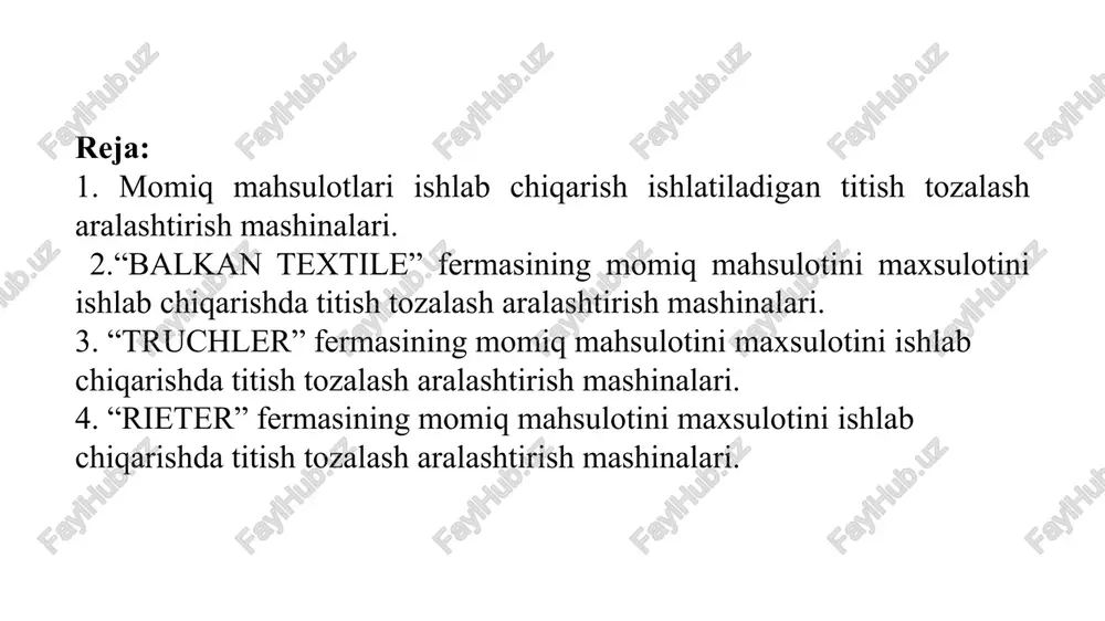 bir necha turdagi tolalarni aralashmasidan mahsulot ishlab chiqarishda ularni aralashtirishdan oldin tozalash va hajmiy zichligini bir maromga yetkazguncha titish lozim bo‘ladi. tolalar aralashmada bir tekisda qayta taqsimlanishi uchun ularni qo‘shilgandan so‘ng birgalikda titish davom ettiriladi. tolalarni chimdib yoki qatlamga qayta-qayta qattiq zarba berish usullarida titiladi. chimdib titish sirti qoziqchalar, ignalar yoki tishli qoplamaga ega bo‘lgan ishchi qismlar yordamida amalga oshiriladi. bu usulda tolalarga bir tomonlama yoki bir vaqtda ikki tomonlama ta’sir ko‘rsatib bo‘lakchalarga bo‘linadi. chimdib-chimdib titishni ikkiga ajratish mumkin: − tolali mahsulotni ignali yoki qoziqli sirtlar bilan bir tomondan, kuch ta’sir etib titish. − tolali mahsulotni ignali yoki qoziqli sirtlar bilan ikki tomondan, kuch ta’sir etib titish. ikki tomonlama ta’sir ko‘rsatib chimdib titish ikki xil tezlikda yoki qarama-qarshi tomonga harakatlanayotgan ishchi qismlar yordamida amalga oshiriladi. bunda har bir qismda tolali materialning biron bo‘lagi qoladi. ikki sirtni ta’siri ularning harakat yo‘nalishiga nisbatan igna yoki qoziqlarni qiyaligiga ham bog‘liq. odatda bunday usul …
