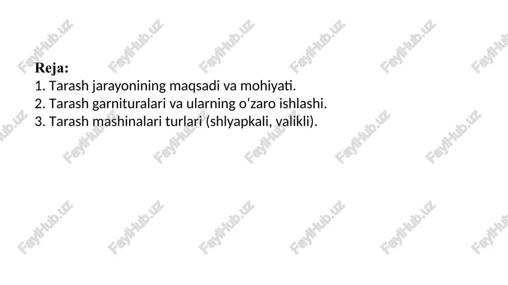 i valik,7 yonaltiruvchi pichoq,11,15 ajiratuvchi baraban, 12 ajiratuvchi taroq,13 yonaltiruvchi panjara, 14 chiqaruvci panjara, 16 pasgi yonaltiruvchi pichoq, 17 bosh baraban, 18 uzatuvchi qabul barabani,19 dastlabki tarash barabani,21 qabul valigi. bulardan tashqari momiq tarash mashinalari ham mavjud bo‘lib, past navli paxta tolasi hamda tolali chiqindilardan xo‘jalik paxtasi tayyorlashda ishlatiladi. valikli tarash mashinalarida shlayapkali polotno o’rnida bir nechta ishchi va ajratuvchi valiklardan iborat ishchi juftliklar o‘ranatilgan. bosh baraban bilan tozalovchi va ishchi (ajratuvchi) valiklarning o‘zaro ta’siri keltirilgan. tarash jarayonining moxiyati chigal tolalarni ajratish, kalta tola va chiqindilardan tozalash xamda tola va uning ma’lum qismlarini to‘g‘rilashdan iborat. tarash mashinasida kalta tolalar unchalik ko‘p darajada ajralmaydi; tolalar ajratuvchi barabanga o‘tganda butunlay tekislanadi. bosh baraban bilan ishchi va tozalovchi valiklarning o’zaro ishlashi. tarash jarayonining maqsadi tolalarni aloxida va guruxlar bo‘yicha siljitib taqsimlash, nuqsonlar va kalta tolalardan to‘liq tozalangan ip tayyorlash uchun cho‘zish(piltalash, piliklash va yigirish mashinalarida) xamda bo‘lish (tarash aparatlarida) jarayonlarini barqaror o‘tishini ta’minlash …