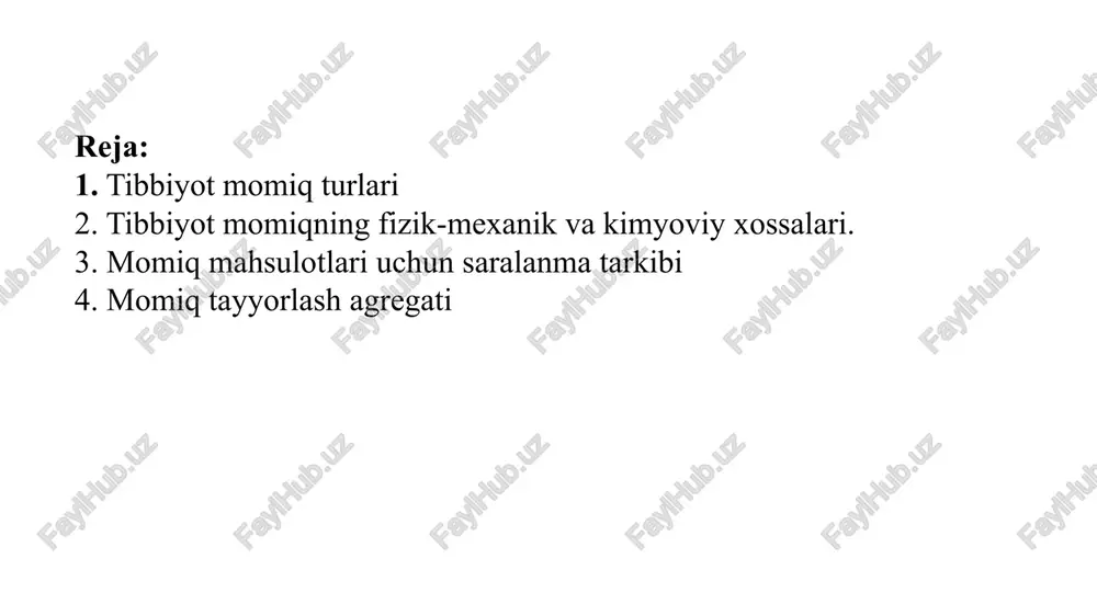 va turli qo‘shimchalardan tozalanadi. momiq massasidan belgilangan qalinlikdagi xolstlar shakllantiriladi, so‘ngra ular rulonlarga o‘raladi. tibbiyotot momig‘i olishda ishlov berilgan momiq massasi ishqor eritmalari va natriy tiosulfat ta’sirida oqartiriladi va yumshatiladi. sterillikka erishish uchun xomashyo pishirish shkaflarida quritiladi. steril momiq jarrohlik amaliyotlarida, ko‘z kasalliklarini davolashda va ochiq yaralarni bog‘lashda qo‘llaniladi. qadoqlash jarayonida mato ma’lum kenglikdagi tasmalarga kesiladi va og‘irligi 25 gramdan 250 grammgacha bo‘lgan standart o‘ramlarga o‘raladi. steril bo‘lmagan matolar dastlabki ishlov berilgandan so‘ng darhol qadoqlash sexlariga yuboriladi. ko‘pincha ulardan kosmetologik va gigiyenik maqsadlar uchun bog‘lash mahsulotlari tayyorlanadi - momiq sharlar, disklar, sponchlar, teri parvarishi uchun tamponlar ishlab chiqariladi. tibbiyot momiq - tabiiy tolalardan (momiq, jun, zig‘ir) olinadigan paxmoq tolali material tibbiyotot momig‘i yuqori shimish qobiliyati (gigroskopikligi) tufayli muolaja va bog‘lov xonalarida, davolash-profilaktika muassasalarining jarrohlik va oftalmologiya, ginekologiya bo‘limlarida, stomatologiya klinikalarida va boshqa tibbiyotot muassasalarida almashtirib bo‘lmaydigan materialga aylandi. bundan tashqari, momiq va zig‘ir momiqsi uzoq vaqt davomida kosmetologiyada keng qo‘llanilgan. …