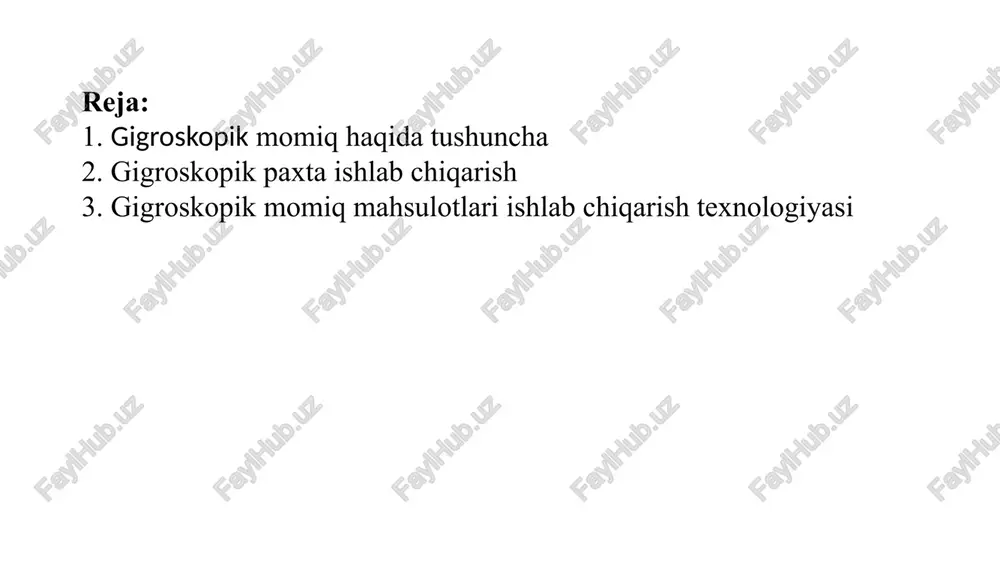 uvish va quritishdir. momiq tolasini pishirish jarayonida xomashyo unga hamroh bo‘lgan aralashmalardan tozalanadi. gigroskopik momiq mahsulotlari ishlab chiqarish texnologiyasi. taralgan paxta momig‘i avtomatlashtirilgan potok liniyalarda ip yigiruv korxonalari chiqindilari, past navli paxta tolalari aralashmasidan ishlab chiqariladi. momiq mahsulotlari tayyorlashda xom ashyo titiladi, yumshatiladi va xas-cho‘plardan tozalanadi, titish-tozalash agregati mashinalari yordamida tolali qatlam shakllantiriladi; uning tarkibidagi shaklsiz tola massasi tarash mashinasida qayta ishlanadi va ma’lum qalinlikka ega bo‘lgan momiq qatlamidan tashkil topgan momiq mahsulotlari tayyorlanadi. gigroskopik momiq ishlab chiqarish uskunalari ketma-ketligi chizmasi gf-3-avtomatik toytitgich, gf-4 -magniti, gf-5 o‘qli tozalagichi, gf-6 -ta’minlash bunkeri, gf-2 qiya tozalagichi, gf-7 ignali savagich, gf-8 arrali savagich, fk-1 filtrlash kamerasi, kp-16 press, kd-1 kondensor, gf-11 chiqindilardan tozalash, gf-10 ho‘l press, avk-13 avtoklav (qaynatish qozoni), gf-22 elektro lebedka, gf-12 kompress (avtoklav qopqog‘ini yopish uchun), sf-14 sentrifuga, rm-11 xo‘l titgich, kd-1 kondenser, bs-15 quritgich, gf-9 press, chvm-17 tarash mashinasi. 7 gigroskopik momiq ishlab chiqarishda zamonaviy texnologik uskunalar korxonada shveytsariya, …