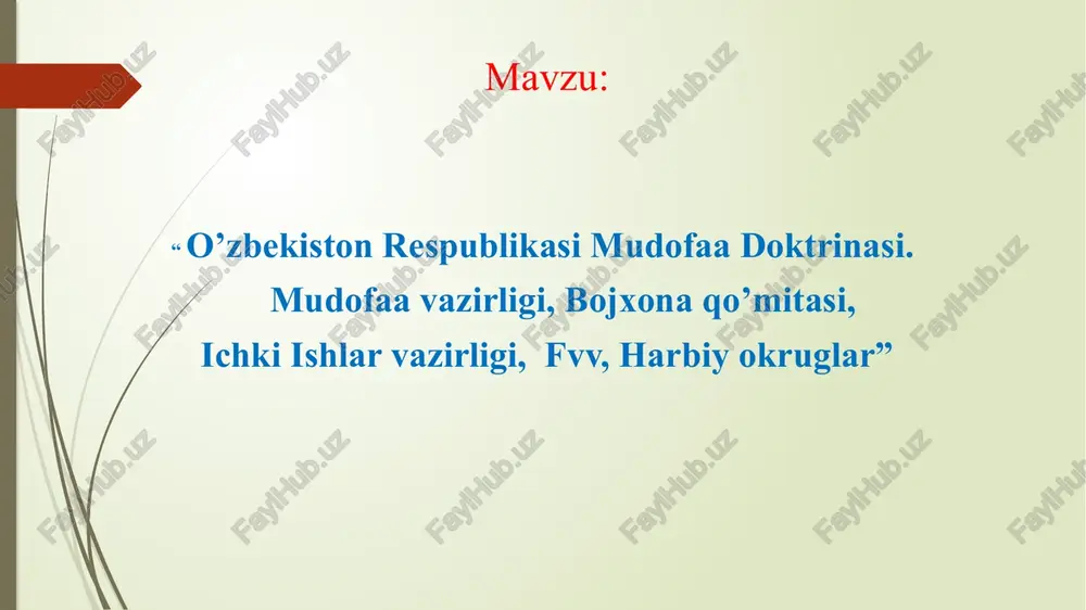 ower reytingida axborot berilgan. o’zbekiston respublikasi mudofaa doktrinasi mazmun va mohiyati 2017 yil 20 dekabr kuni toshkent shahrida o’zbekiston respublikasi oliy majlisi senatining o’n uchinchi yalpi majlisi ochildi. unda vazirlar mahkamasining taklif etilgan a’zolari, vazirlik va idoralar rahbarlari, boshqa tashkilotlar, ommaviy axborot vositalarining vakillari ishtirok etdilar. senatorlar «o’zbekiston respublikasining mudofaa doktrinasi to’g’risida»gi o’zbekiston respublikasining qonunini ko’rib chiqdilar. mudofaa doktrinasi 2017-2021 yillarda o’zbekiston respublikasini rivojlantirishning beshta ustuvor yo’nalishi bo’yicha harakatlar strategiyasida belgilab qo’yilgan vazifalarni ijro etish doirasida tayyorlandi. mazkur doktrina harbiy sohadagi milliy xavfsizlikni ta’minlashga doir rasmiy qarashlar, printsiplar va yondashuvlar tizimini o’zida ifodalab, respublikaning qonun hujjatlariga va xalqaro huquq normalariga asoslanadi, mamlakatning milliy manfaatlaridan, jahondagi va mintaqadagi harbiy-siyosiy vaziyatdan, hozirda yuz berayotgan harbiy nizolar xususiyatidan kelib chiqadi, shuningdek, mudofaa sohasidagi davlat siyosatining istiqboldagi ustuvorliklarini, qurolli kuchlarni tayyorlash, tashkil etish va qo’llash asosiy printsiplarini hamda yo’nalishlarini belgilab beradi. vatanparvarlik- yuksak qadriyat mudofaa doktrinasi ochiq xususiyatga ega, bu esa shunga o’xshash kontseptual …