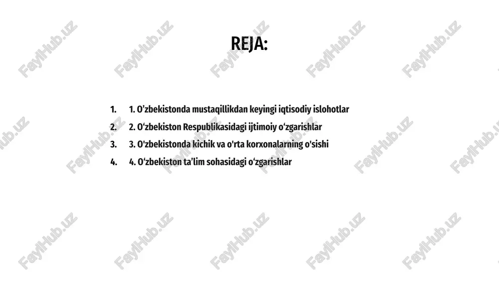 inladi. o‘zbekistonda ta’lim sohasi mustaqillikka erishgandan so‘ng jiddiy o‘zgarishlarni boshdan kechirdi. hukumat barcha darajadagi ta’lim sifatini oshirishga qaratilgan islohotlarni amalga oshirdi. 01 maktablarni modernizatsiya qilish, o‘qituvchilar malakasini oshirish, barcha fuqarolarning ta’lim olish imkoniyatlarini kengaytirishga sarmoya kiritildi. asosiy e’tibor yanada inklyuziv va adolatli ta’lim tizimini rivojlantirishga qaratildi. 02 bu oʻzgarishlar oʻqishga qabul qilish koʻrsatkichlarining oshishiga, taʼlim natijalarining yaxshilanishiga va mamlakat iqtisodiyoti rivojiga hissa qoʻshishga tayyor boʻlgan malakali ishchi kuchiga olib keldi. 03 4. o‘zbekiston ta’lim sohasidagi o‘zgarishlar 5. xorijiy sarmoyalarning o’zbekiston iqtisodiyotiga ta’siri xorijiy sarmoya o‘zbekiston iqtisodiyotida muhim o‘rin tutib, yangi ish o‘rinlari yaratish, infratuzilmani rivojlantirish va texnologik taraqqiyotga olib keldi. 02 xorijiy kapitalning kirib kelishi iqtisodiy o‘sishni kuchaytirdi va mamlakat sanoatini diversifikatsiya qilishga, an’anaviy tarmoqlarga qaramlikni kamaytirishga yordam berdi. 03 umuman olganda, xorijiy investitsiyalar o‘zbekiston iqtisodiyotiga ijobiy ta’sir ko‘rsatib, uning mustaqillik yillarida o‘zgarishi va yuksalishiga xizmat qildi. 01 1 2 3 o‘zbekiston mustaqillikka erishganidan so‘ng sezilarli iqtisodiy va ijtimoiy o‘zgarishlar …