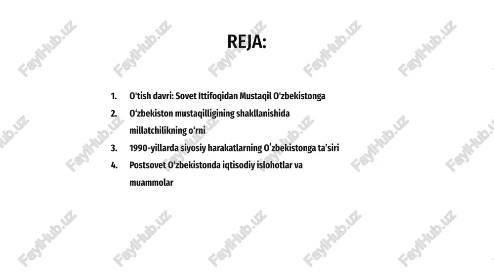jamiyat dinamikasiga taʼsir koʻrsatdi. siyosiy islohotlar va demokratlashtirishga boʻlgan intilish xalq tarixida muhim bosqich boʻldi. o‘zbekiston ushbu o‘zgarishlar davrini bosib o‘tar ekan, bu siyosiy harakatlarning ta’siri butun jamiyatda aks-sado berib, mamlakatning postsovet taraqqiyoti uchun poydevor yaratdi. salavha 1990-yillarning boshlarida oʻzbekiston sovet ittifoqidan mustaqillikka erishmoqchi boʻlib, muhim ijtimoiy va siyosiy oʻzgarishlarga duch keldi. o‘tish davri mamlakat uchun yangi vazifalar va imkoniyatlarni yuzaga keltirdi. 1 o'zbekiston bozor iqtisodiyotiga o'tishni maqsad qilgan bir paytda iqtisodiy islohotlar asosiy e'tiborga aylandi. hukumat o'sishni rag'batlantirish uchun davlat korxonalarini xususiylashtirish va xorijiy investitsiyalarni jalb qilish siyosatini amalga oshirdi. 3 biroq, postsovet davrida ham yuqori inflyatsiya, ishsizlik va infratuzilmaning etishmasligi kabi qiyinchiliklar paydo bo'ldi. o‘zbekiston barqaror va farovon iqtisodiyotni o‘rnatish uchun bu to‘siqlarni engib o‘tishi kerak edi. 2 o‘zbekistonning mustaqillik yo‘lidagi ijtimoiy o‘zgarishlar va harakatlar a 1980-yillarning oxiri va 1990-yillarning boshlarida oʻzbekiston mustaqillikka erishish yoʻlida muhim ijtimoiy-siyosiy oʻzgarishlarni boshdan kechirdi. sovet ittifoqining parchalanishi katta avtonomiya va o'z taqdirini …