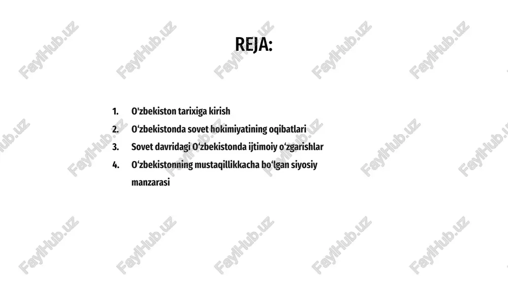 jarayonlar sezilarli o‘zgarishlar va noaniqlik bilan ajralib turdi. siyosiy manzara hukmron elita va kommunistik partiyaning hukmronligi ostida edi, muxolifat yoki muxolifat uchun joy kam edi. 01 avtoritar tuzumga qaramay, siyosiy faollik kuchayib borayotgani va islohotga chaqiruvlarning ayrim belgilari bor edi. fuqarolik jamiyati tashkilotlari va mustaqil ommaviy axborot vositalari vujudga kela boshladi, ular mavjud vaziyatga qarshi chiqdilar, ijtimoiy va siyosiy muammolardan xabardorlikni oshirdilar. 02 mustaqillikka oʻtish davri keskinlik va hokimiyat uchun kurashlar bilan kechdi, chunki turli guruhlar nazorat va taʼsir oʻtkazish uchun kurashdilar. bu davr o‘zbekistonni mustaqillikdan keyingi davrda belgilab beradigan murakkab va jadal siyosiy manzaraga zamin yaratdi. 03 o‘zbekistonning mustaqillikkacha bo‘lgan siyosiy manzarasi o'zbekistonda milliy o'ziga xoslikning paydo bo'lishi mustaqillikka erishish davrida o‘zbekistonda ijtimoiy-siyosiy jarayonlar sezilarli o‘zgarishlarga duch keldi. 02 bu oʻzgarishlar oʻzbek aholisi orasida kuchli milliy oʻzlikni anglashning vujudga kelishi bilan xarakterlandi. 03 o‘zbek xalqi o‘zining noyob madaniy merosini mustahkamlab, o‘z taqdirini o‘zi belgilash istagini bildira boshladi. 01 1 …