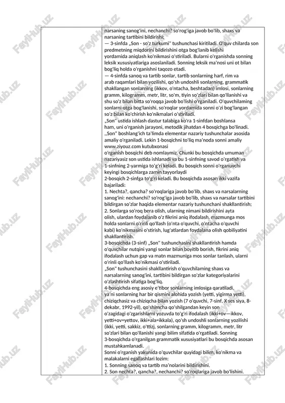 g asosi (ega va kesim) va so'z birikmalari ajratiladi. ular gapda bir otning boshqa har xil so'zlar bilan shakl yasovchi qo'shimachalar (ning, -ni, -ga, -da, -dan) yordamida bog'lanishini kuzatadilar, bu qo'shimchalar kelishik qo'shimchalari ekanini, otlaming kelishik qo'shimchalari bilan o'zgarishi turlanish deyilishini bilib oladilar. bolalarga kelishiklaming joylashish tartibi, so'roqlari va bosh kelishikdan boshqa kelishiklaming aniq qo'shimchalari mavjudligi darslikda berilgan jadval yordamida tushuntiriladi. bosh kelishikdagi ot gapda ega vazifasida, boshqa kelishikdagi otlar esa ikkinchi darajali bo'lak vazifasida kelishi bilan ham tanishtiriladi. o'quvchilar o'zlashtirgan grammatik bilimlarini imloni o'zlashtirishda foydalana olishlari uchun ishni bajarishda izchillikka katta ahamiyat beriladi. bajarilgan ish yozib boriladi: o'quvchilar awal gapda ot bog'langan so'zdan shu otga savol beradilar va savolni qavs ichiga yozadilar; keyin so'roqqa qarab kelishikni aniqlaydilar. masalan, o'qidi (nimani?) — kitobni, tushum kelishigi). ular buni yaxshi o'zlashtirganlaridan so'ng, mashq tez bajariladi, yozish talab etilmaydi. 70. boshlang‘ich sinflarda son so‘z turkumini o‘rgatish metodikasi haqida ma’lumot bering son“ni o'rganish tizimi …