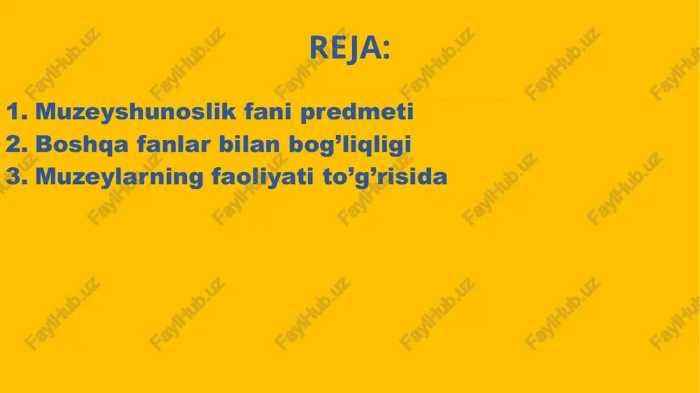 asi prezidentining 1998-yil 12-yanvardagi farmoni m. sohasida burilish yasadi. unga koʻra, mamlakat madaniyat ishlari vazirligi, boshqa vazirlik va idoralarga tegishli barcha turdagi mavjud muzeylar faoliyatini muvofiklashtirish, qoʻllabkuvvatlash va ularga zarur ilmiy-uslubiy yordam koʻrsatishni taʼminlash maqsadida vazirlik qoshida muzeylarni qullab-quv-vatlash respublika "oʻzbekmuzey" jamgʻarmasi tashkil etildi. uning faoli-yatining asosiy yoʻnalishlari qatorida muzeyshunoslikkada umumiy siyosatni amalga oshirishni taʼminlash, m. sohasida xalqaro aloqalarni, oʻzaro foydali hamkorlikni rivojlantirish, oʻzbekiston va xorijda keng koʻrgazma faoliyati orqali mamlakatning boy tarixi, bugungi yutuqlarini dunyo jamoatchiligiga tanitish, muzeylarda saqlanayotgan noyob eks-ponatlarni jahon miqyosida targʻib etish; muzeyshunoslikka zamonaviy texnika vositalarini tatbiq etish, ulardan samarali foydalanishga oid dasturlar ishlab chiqarish va ularni amalga oshirishga koʻmaklashish belgilandi. muzey binosiga qo’yiladigan talablar quyidagilar: l.tarix, madaniyat yodgorliklari, kollektsiyalar saqlanishga shaioitlar yaratilganligi. muzey binosi mustahkam bo’lishi, joylashgan yeridagi ob-havo shaioitlari moslashtirilgan bo’lishi. kollektsiyalar saqlash uchun xonalarda maxsus mikroiqlim sharoitlari (havo namligi, yorug’lik, biologik sharoitlar), talon taroj etish, vandalizm aktlari yon; muhofaza etuvchi texnik tizim mavjud …