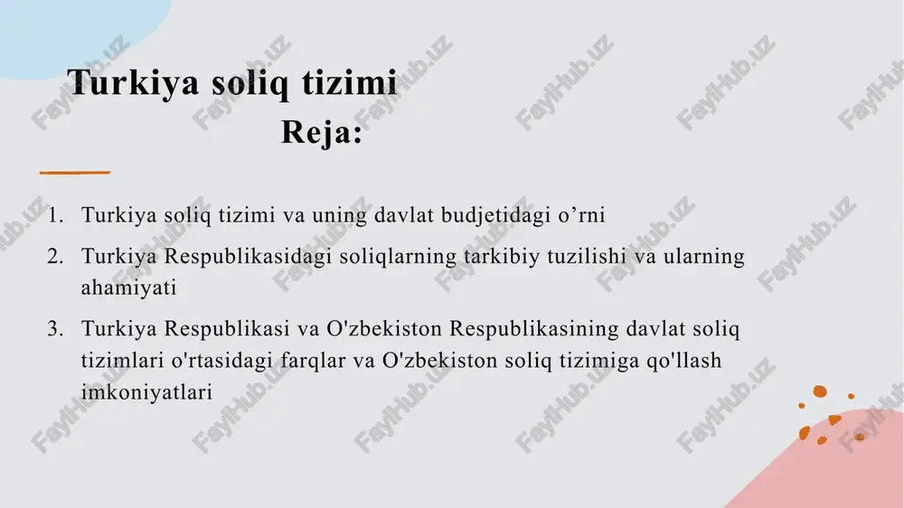 tirok etadi. turkiya respublikasidagi soliqlarning tarkibiy tuzilishi va ularning ahamiyati quyidagicha: qo'shilgan qiymat solig'i (qqs) mulk soliqlari daromad soliqlari ijtimoiy sug'urta to'lovlari aksiz soliqlari meros va sovg'a solig'i transport soliqlari ekologik soliqlar 1. daromad solig’i ahamiyati: davlat byudjetini moliyalashtirish va ijtimoiy xizmatlarni ta'minlash. jismoniy shaxslar uchun: 15% dan 40% gacha bo'lgan progressiv stavkalar. yuridik shaxslar uchun: asosiy stavka 20% (2021 yildan boshlab 25% ga oshirildi). 2. qo'shilgan qiymat solig'i (qqs) ahamiyati: mahsulotlar va xizmatlardan olinadigan soliq, iqtisodiy faollikni o'lchashda muhim rol o'ynaydi. davlat byudjetiga doimiy kirim keltiradi. umumiy stavka: 18%. ba'zi mahsulotlar va xizmatlar uchun kamaytirilgan stavkalar: 1% va 8%. soliqlarning ahamiyati va ularning asosiy stavkalari 3. mulk soliqlari: ahamiyati: ko'chmas mulkning qiymatini oshirishga va shahar infratuzilmasini rivojlantirishga hissa qo'shadi. ko'chmas mulk uchun soliq stavkalari o'zgaruvchan bo'lib, yer va binolar uchun 0.1% dan 0.6% gacha bo'lishi mumkin. 4. ijtimoiy sug'urta to'lovlari: ahamiyati: fuqarolarni ijtimoiy himoya bilan ta'minlash va pensiya tizimini …