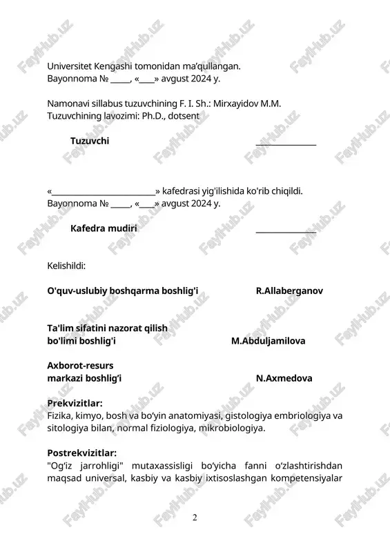 ish; - stomatologik jarrohlik uchun sanitariya-gigiena talablari, asbob-uskunalarning ishlash qoidalari va u bilan ishlashda xavfsizlik to‘g‘risida tushuncha berish; - stomatologik va jarrohlik asboblari bilan ishlash texnikasini o‘rgatish; - foydalanish ko‘rsatkichlarini, ishlash texnologiyasini o‘rganish; - tibbiy deontologiya, semiologiya, asosiy tish kasalliklari diagnostikasi asoslari haqida tushuncha berish; - stomatologik bemorni tekshirishning asosiy va qo‘shimcha usullarini o‘rgatish; - stomatologning asosiy kasbiy qo‘lda ko‘nikmalarini o‘rgatish (fantomda); bilim, ko‘nikma, malaka va kompetensiyaga qo‘yiladigan talablar: - etika va deontologiya qoidalari, "shifokor bemor" munosabatlarining huquqiy normalari; - stomatologik yordamni tashkil etish asoslari, shifokor, hamshira, stomatolog yordamchisi, tibbiy stomatologiya kabinetidagi hamshiraning vazifalari; - jarrohlik stomatologik kabineti uskunalari va jihozlari, tekshirish uchun stomatologik asboblar, tish chiqarish, stomatologik asboblarni saqlash, parvarish qilish va sterilizatsiya qilish qoidalariga oid yetarli bilimga ega bo’lishlari; - tish uskunalari va asboblari bilan ishlashda xavfsizlik choralari; - og‘iz mukozasining gistologik tuzilishi, tishning qattiq to‘qimalari, pulpa va periodontium, maksillarar tizimning innervatsiyasi; - tish tizimining anatomik tuzilishi; - …