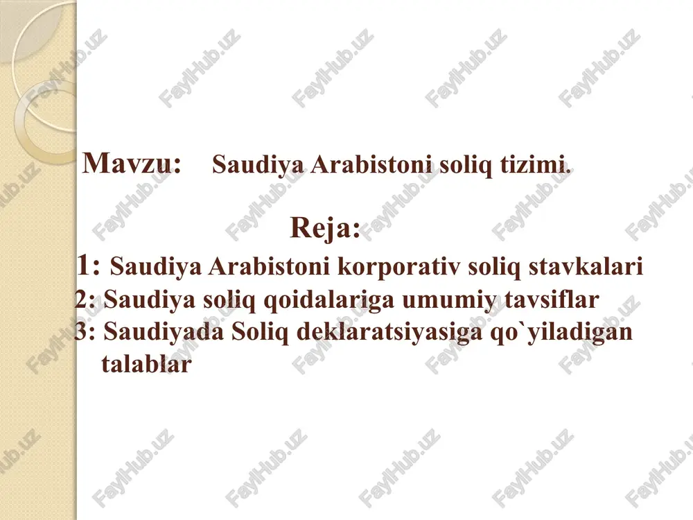 a kompaniyasining norezident aktsiyadori tomonidan ichki qayta qurish yoki aktsiyalarni guruh kompaniyalari o'rtasida o'tkazish natijasida aktsiyalarni o'tkazish soliqqa tortiladigan hodisa hisoblanadi. norezident xorijiy investorlarning listingdagi qimmatli qog‘ozlarni tasarruf etishi natijasida olinadigan kapital daromadlari soliqdan ozod qilinadi. sotuvchi dzitni xabardor qilishi va aksiyalar sotilgan kundan boshlab 60 kun ichida sotilgan kungacha sarmoyadan tushgan daromad solig'i va daromad solig'ini to'lashi kerak. saudiyaning soliq qoidalaiga umumiy tavsif operatsion yo`qotishlar chet ellik aktsiyadorning zarardagi ulushi cheksiz muddatga o'tkazilishi mumkin yo'qotishlarni qaytarishga yo'l qo'yilmaydi yil davomida to'g'rilash mumkin bo'lgan maksimal keyingi yo'qotish joriy yilning tuzatilgan foydasining 25% bilan cheklangan 50% yoki undan ko'proq egalik huquqining o'zgarishi yo'qotishlarni oldinga o'tkazish uchun diskvalifikatsiyaga olib kelishi mumkin saudiyada soliq deklaratsiyasiga qo`yiladigan talablar tashkilot yoki xi arab va saudiya arabistonida yuritiladigan buxgalteriya hisobi va yozuvlari asosida yil oxiridan boshlab 120 kun ichida soliq deklaratsiyasini topshirishi kerak. agar soliq to'lovchining daromadi 1 million sr dan oshsa, soliq deklaratsiyasi saudiya arabistonida …
