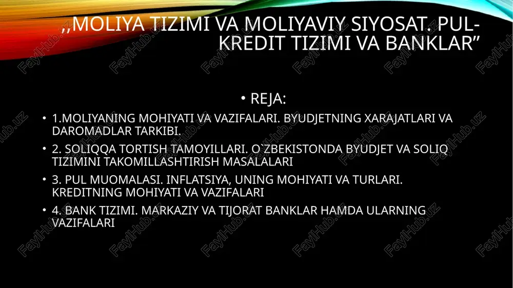 sadida faoliyat yuritadigan va o`z xarajatlarini o`zlari qoplaydigan tashkilotlardir. notijorat tashkilotlar bular foyda olishni maqsad qilmagan va o`z xarajatlarini davlat budjeti hamda o`zgalar hisobiga qoplaydigan tashkilotlardir tijorat tashkilotlarining moliyaviy manbalari 1 o`z tovar va xizmatlarini sotishdan tushgan pul 2 o`zining ortiqcha mol-mulkini sotishdan tushgan pul 3 jalb qilingan pul mablag`lari 4 qarz olingan mablag`lar 5 homiylar bergan pullar va h.k notijorat tashkilotlarning moliyaviy manbalari 1 davlat byudjeti mablag`lari 2 xayriya tarzida aholidan tushgan pul mablag`lari 3 homiylar tomonidan ajratilgan mablag`lar 4 pullik xizmatlar soliq tizimi va uning vazifalari soliq bu davlatning o'z vazifalarini amalga oshirishi uchun zarur bo'lgan moliyaviy mablag'larni shakllantirish maqsadida jismoniy va huquqiy shaxslardan byudjetga majburiy to'lovlarni undirish shaklidir. soliq tizimi davlat tomonidan olinadigan soliqlar hamda ularning tashkil qilinish shakl va usullari soliqlarning asosiy vazifalari milliy daromadni taqsimlash va qayta taqsimlash; davlat xarajatlarini moliyalashtirish (fiskal vazifasi); ijtimoiy tanglikni yumshatish (ijtimoiy vazifasi); iqtisodiyotni tartibga solish (tartibga solish vazifasi); soliq …