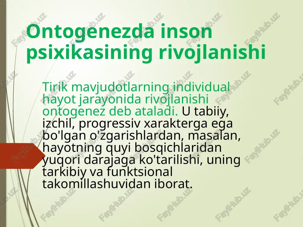 bo'lishi uchun uni boyitishdir. a. v. zaporozhets bolaning aqliy rivojlanishi uchun yoshning barcha imkoniyatlarini maksimal darajada oshkor qilishni chaqirdi. aqliy rivojlanishning har bir bosqichining xususiyatlari ijtimoiy rivojlanish holati, psixika va shaxsiyatning asosiy neoplazmalari etakchi faoliyat. ijtimoiy holati deganda shaxs psixikasining rivojlanishi uchun tashqi va ichki sharoitlar o'rtasidagi munosabat tushuniladi (l. s. vygotskiy ). bu bolaning atrof-muhitga munosabatini va kattalarning bolaga bo'lgan talablarini belgilaydi. yoshga bog'liq neoplazmalar sifatida , shaxs tuzilishi va uning faoliyatining yangi turi paydo bo'ladi, bu yoshda yuzaga keladigan ruhiy o'zgarishlar bolaning ongida, uning ichki va tashqi hayotidagi o'zgarishlarni belgilaydi. bu psixikadagi ijobiy yutuqlar uning rivojlanishining yangi bosqichiga o'tishga imkon beradi. etakchi faoliyat ma'lum bir bosqichda aqliy rivojlanishning kardinal yo'nalishlarini ta'minlaydi (a. n. leontyev). ushbu faoliyatda asosiy shaxsiy yangi shakllanishlar shakllanadi, aqliy jarayonlarning qayta tuzilishi sodir bo'ladi va faoliyatning yangi turlari paydo bo'ladi. 4. psixik jarayonlar va xususiyatlarning differentsiatsiyasi va integratsiyasi. differentsiatsiya psixikaning yangi shakllanishlarni to'plash orqali izchil …