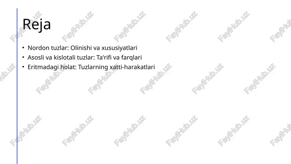 atida qo'llaniladi va fermentlar faoliyatini qo'llab-quvvatlaydi. 4 eritmadagi muvozanat eritmada nordon tuzlar muvozanati, ionlar konsentratsiyasiga bog'liq. ularning dinamikasi, ph o'zgarishi va boshqa kimyoviy moddalar bilan hamkorlikda muhimdir. asosli tuzlar: kimyoviy xususiyatlari va muhimligi. 1 asosli tuzlar ta'rifi asosli tuzlar, kislotalar bilan asoslar o'rtasida hosil bo'lib, kationi asosiy va anionlari kislotali bo'lgan kimyoviy birikmalardir. 2 kimyoviy xususiyatlar asosli tuzlar, ph darajasini oshirishga qodir, muhim xususiyatlari sifatida, eritmalarda bazik xatti-harakatlar ko'rsatadi va kislotalar bilan reaksiya beradi. 3 olinishi va misollar asosli tuzlar, masalan, natriy asetat va ammoniy xlorid, asoslar va kislotalar o'rtasida neytrallashuv jarayonida olinadi, bu ularning muhimligini ko'rsatadi. 4 amaliy muhimligi asosli tuzlar, kimyo sanoatida, qishloq xo'jaligida va tibbiyotda qo'llanilib, turli xil mahsulotlarning sifatini yaxshilashda muhim rol o'ynaydi. kislotali tuzlar: ta'rifi va o'ziga xos xususiyatlari. 1 kislotali tuzlar ta'rifi kislotali tuzlar, kislotadan olingan tuzlar bo'lib, ularning tuzilishi phni pasaytiruvchi ionlarni o'z ichiga oladi, masalan, natriy asetat. 2 o'ziga xos xususiyatlar kislotali …