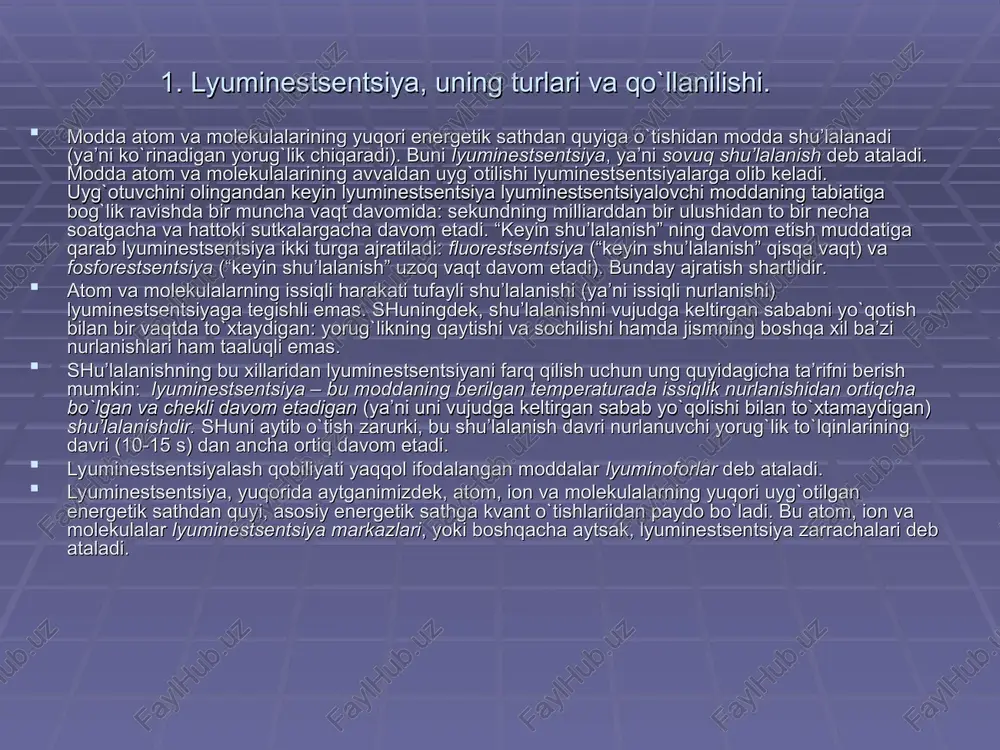 ishlariidan paydo bo`ladi. bu atom, ion va molekulalar lyuminestsentsiya markazlari, yoki boshqacha aytsak, lyuminestsentsiya zarrachalari deb ataladi. lyuminestsentsiya markazlaridagi elementar jarayonlar. atrof-muhit bilan zaif o`zaro ta’sirlashadigan lyuminestsentsiya markazlarida bo`lib o`tadigan jarayonlarni qarab o`tamiz. bular gaz aralashmasidagi atomlar yoki molekulalar, suyuq eritmadagi molekulalar va qattiq jismdagi kirishma ionlari bo`lishi mumkin. 1,a-rasmda lyuminestsentsiyaning bir muncha oddiyroq fizik mexanizmiga javob beruvchi lyuminestsentsiya markazlaridagi kvant o`tishlar ko`rsatilgan. uyg`otilganda markaz 1 sathdan 2 stahga o`tadi, teskari o`tishda esa foton tug`iladi (lyuminestsent shu’lalanish paydo bo`ladi). lyuminestsentsiya nurlanishining chastotasi quyidagicha topiladi: . (1) 1-rasm. bu rezonans lyuminestsentsiya deyiladi. 1,b, d,e-rasmda ko`rsatilgan mexanizmda, uyg`otilishda lyuminestsentsiya markazi 1 – 3 o`tishni amalaga oshiradi, keyin esa nurlanmasdan 2 saihga o`tish ro`y beradi, bunda ortiqcha energiya boshqa zarrachalarga yoki fononlarning tug`ilishiga sarflanadi. yorug`likning chiqarilishi 2 – 1 o`tishda ro`y beradi – bu spontan lyuminestsentsiya. 1,d rasmda metastabil lyuminestsentsiyadagi o`tishlar tasvirlangan. bunday lyuminestsentsiyani yana stimullashgan lyuminestsentsiya deb ham ataydilar. bunda lyuminestsentsiya markazi …