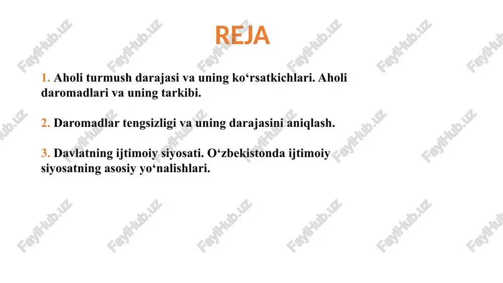 izlik, ekologiya va ijtimoiy adolat masalalari ham muhim o‘rin tutadi. aholi turmush darajasining bmt tomonidan tavsiya etilgan ko‘rsatkichlari tizimi o‘z ichiga quyidagi guruhlami oladi: 1) tug‘ilish va o‘lish darajasi hamda boshqa demografik ko‘rsatkichlar; 2) hayot kechirishning sanitar-gigiena jihatidan sharoitlari; 3) oziq-ovqat tovarlarini iste’mol qilish; 4) turar joy sharoitlari; 5) ma’lumot va madaniyat; 6) mehnat qilish va bandlik sharoitlari; 7) aholining daromadlari va xarajatlari; 8) hayot kechirish qiymati va iste’mol narxlari; 9) transport vositalari; 10) dam olishni tashkil etish; 11) ijtimoiy ta’minot; 12) inson erkinligi. aholi guruhlari bo‘yicha daromadlar taqsimlanishi dinamikasini taqqoslash iste’molchi byudjeti asosida amalga oshiriladi. iste’molchi byudjetlarining bir qator turlari mavjud: o‘rtacha oila byudjeti, yuqori darajada .ta’minlangan byudjet, minimal darajada moddiy ta’minlanganlar byudjeti, nafaqaxo'rlar va aholi boshqa ijtimoiy guruhlari byudjeti shular jumlasidandir. dunyodagi barcha mamlakatlar aholi jon boshiga to‘g‘ri keladigan o‘rtacha daromadlar darajasi bilan bir-biridan keskin farqlanadi. bu turli mamlakatlar aholisining daromadlari darajasi o‘rtasida tengsizlik mavjudligini bildiradi. shu bilan …