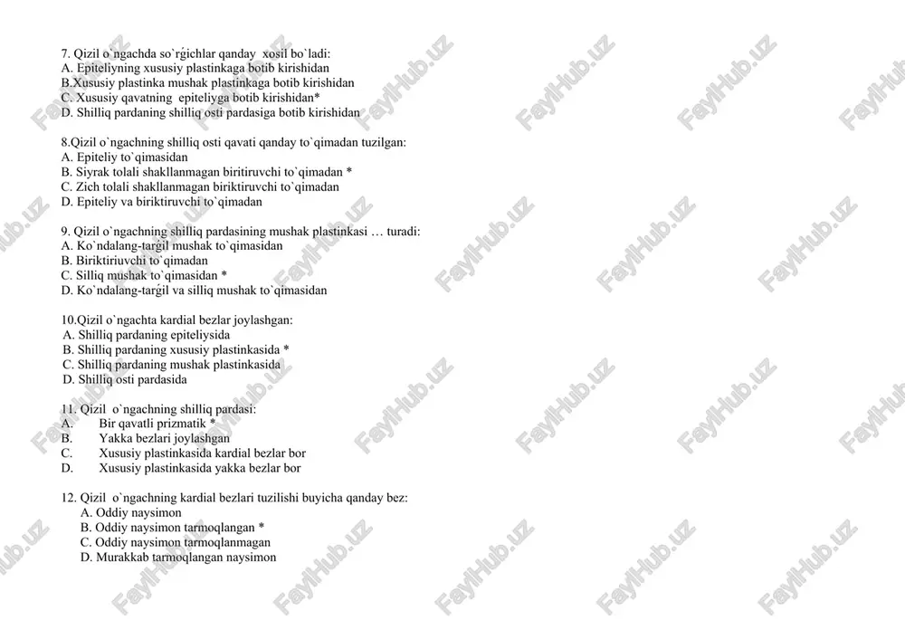 ng epiteliysida b. shilliq pardaning xususiy plastinkasida * c. shilliq pardaning mushak plastinkasida d. shilliq osti pardasida 11. qizil o`ngachning shilliq pardasi: a. bir qavatli prizmatik * b. yakka bezlari joylashgan c. xususiy plastinkasida kardial bezlar bor d. xususiy plastinkasida yakka bezlar bor 12. qizil o`ngachning kardial bezlari tuzilishi buyicha qanday bez: a. oddiy naysimon b. oddiy naysimon tarmoqlangan * c. oddiy naysimon tarmoqlanmagan d. murakkab tarmoqlangan naysimon 13. qizil o`ngachning kardial bezlarining sekretor oxirgi bo`limlarida qanday hujayralar joylashgan: a. duksimon b. yassi c. silindrsimon va kubsimon * d .duksimon va tsilindrsimon 14. qizil o`ngachning adventitsial pardasi qanday to`qimadan turadi: a. epiteliy to`qimasidan b. siyrak tolali shakllanmagan biritiruvchi to`qimadan * c. zich tolali shakllanmagan biriktiruvchi to`qimadan d. epiteliy va biriktiruvchi to`qimadan 15. katta odamlarning qizil o`ngachida kiprikli epiteliy saqlangan: a. kardial bezlarning chiqaruv nayida b. shilliq bezlarning chiqaruv nayida* c. saqlanmaydi d. mushaklararo biriktiruvchi to’qimada 16. qizil o`ngachning xususiy bezlari …
