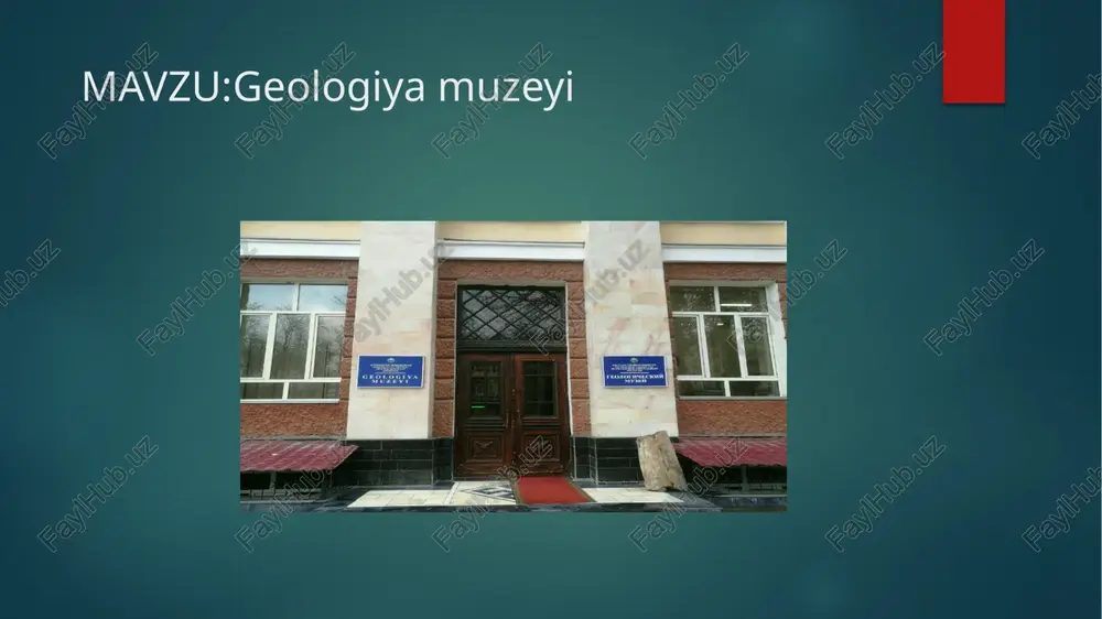 fik togʻ jinslari — 46, choʻkindi tog jinslari — 26) qamrab oladi; mineralogik kolleksiya esa, 858 ta noyob namunadan, monografik paleontologik kolleksiya 2631 ta namunadan iborat, ulardan 783 tasi markaziy osiyo va oʻzbekiston hududining rivojlanishi tarixi zalida va 1848 tasi monografik paleontologik kollekpiyalar zalida joylashgan. oʻzbekiston geologiya muzeyi qoshida oʻzbekistonning mineral xom ashyo potensialini aks ettiruvchi turli xil koʻrgazmalar, taqdimotlar, chet ellik hamkorlar bilan birgalikda geologik tadqiqotlarni oʻtkazish va izlab topilgan foydali qazilmalarni oʻzlashtirish masalasiga oid uchrashuvlar oʻtkaziladi. muzeyda noyob obʼyektlar, yangi konlar boʻyicha tekshirish, qimmatbaho metallar va yarqirama toshlar xom ashyosi, jumladan, zargarlik buyumlariga ekspert xulosalarining berilishi va boshqalar tadqiqotlar amalga oshiriladi. image6.png image7.png image8.png image9.png image10.png image11.png image12.png image13.png image14.png image1.png image2.png image3.png image4.png /docprops/thumbnail.jpeg
