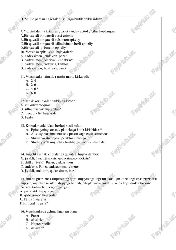 . retikuliyar toqima b. silliq mushak hujayralari* c. myoepitelial hujayralar d. bezlar 13. kriptalar yoki ichak bezlari xosil buladi: 1. epiteliyning xususiy platinkaga botib kirishidan * 1. xususiy plastinka mushak plastinkaga botib kirishidan 1. shilliq va shilliq osti pardalar xisobiga 1. shilliq pardaning ichak bushligiga burtib chikishidan 14. ingichka ichak kriptalarida quyidagi hujayralar bor: a. jiyakli, panet, jiyaksiz, qadaxsimon,endokrin* b. shilliq, jiyakli, panet, qadaxsimon c. endokrin, panet, qadaxsimon, sekretor d. jiyakli, endokrin, qadaxsimon, bazal 15. bul belgilar ishak kriptasınıng qaysı hujayrasıga tegishli ekanligin korsating: «pas prizmatik hujayra, ingichka ichak túkli jiyagi bo’ladı, citoplazması bazofilli, unda kop sonda ribosoma bo’ladı, bolinich husisiyatiga ega» a. prizmatik hujayralar b. qadoqsimon hujayralar c. pannet hujayrasi d kambial hujayra* 16. vorsinkalarda uchraydigan xujayra: 1. panet 1. «jiaksiz» 1. neyroepitelial 1. «jiakli»* 17.ingichka ichak elektronnogrammasida ept va golji kompleksi yaxshi rivojlangan, apical sitoplazmada electron zich granulalar tutgan hujayra ko’rinib turipti. bu-: a. hoshiyali enterosit b. hoshiyasiz …