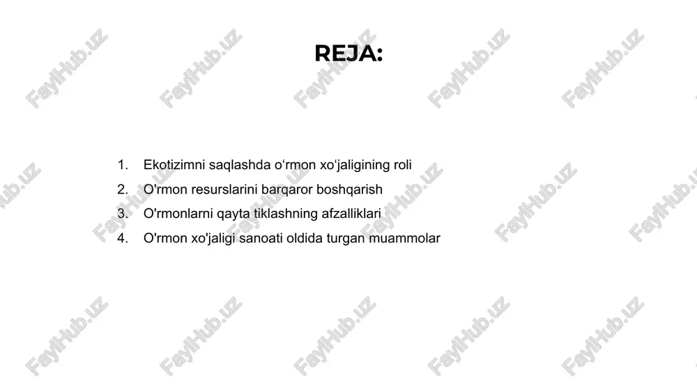 proq eroziyasini oldini olishga va yog'och va qog'oz mahsulotlari kabi resurslarni ta'minlashga yordam beradi. 01 02 03 o'rmonlarni qayta tiklash tozalangan yoki shikastlangan o'rmonlarni tiklash uchun juda muhimdir. u karbonat angidridni singdirish, havo sifatini yaxshilash va biologik xilma-xillikni oshirish orqali iqlim o'zgarishini yumshatishga yordam beradi. o‘rmonlarni qayta tiklash bo‘yicha sa’y-harakatlarni qo‘llab-quvvatlash orqali biz sayyoramiz salomatligini himoya qilishimiz va kelajak avlodlar uchun barqaror kelajakni ta’minlashimiz mumkin. o'rmonlarimizni tiklash va saqlashning afzalliklarini tan olish juda muhimdir. o'rmon xo'jaligi sanoati oldida turgan muammolar venus is the second planet from the sun mercury is the closest planet to the sun jupiter is the biggest planet of them all 1 2 3 o'rmonlarni muhofaza qilish amaliyotlari o'rmon xo'jaligi ekologik muvozanat va biologik xilma-xillikni saqlashda hal qiluvchi rol o'ynaydi. o'rmonlar uglerod cho'kmasi vazifasini bajaradi, iqlim o'zgarishini yumshatadi va turli turlar uchun yashash joylarini ta'minlaydi. barqaror daraxt kesish, o'rmonlarni qayta tiklash va yo'qolib ketish xavfi ostida turgan …