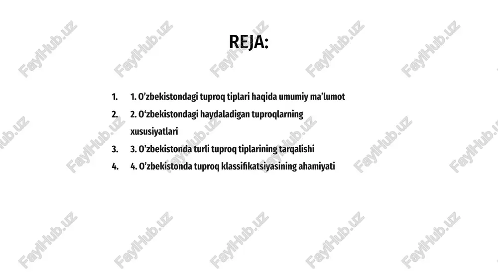 udlarda kashtan tuproqlari keng tarqalgan bo'lib, ular yuqori unumdorligi va qishloq xo'jaligiga yaroqliligi bilan ajralib turadi. sierozem tuproqlari mamlakatning g'arbiy qismlarida joylashgan bo'lib, ular yuqori ohak miqdori va ishqoriy tabiati bilan mashhur. taqir tuproqlari asosan oʻzbekistonning choʻl hududlarida joylashgan boʻlib, oʻzining yuqori gilliligi, qattiq va yorilishga moyilligi bilan mashhur. solonchak va karrik tuproqlar past yerlarda joylashgan boʻlib, shoʻr va ishqoriy xossalari bilan ajralib turadi. salavha oʻzbekiston respublikasi turli tuproqlar qatoriga ega, jumladan, chernozem, kastanozem va choʻl tuproqlari, ularning har biri oʻziga xos xususiyat va xususiyatlarga ega. 1 oʻzbekistonda tuproq turlarini tushunish qishloq xoʻjaligini rejalashtirish va yerni boshqarish uchun juda muhim, chunki turli tuproqlar unumdorlik darajasi va suvni saqlash qobiliyati har xil boʻladi. 3 tuproqni tasniflash o‘zbekiston qishloq xo‘jaligida muhim rol o‘ynaydi va fermerlarga yetishtirish uchun eng mos ekinlarni va tuproqdan barqaror foydalanishning ilg‘or tajribalarini aniqlashda yordam beradi. 2 5. o‘zbekistonda sho‘rlangan tuproqlar: xususiyatlari va muammolari a oʻzbekistonda shoʻrlangan tuproqlar koʻp …