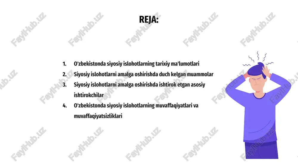 i shakllantirishda turli davlat amaldorlari, fuqarolik jamiyati tashkilotlari va xalqaro hamkorlarning ishtiroki muhim ahamiyat kasb etdi. o'zbekistonda siyosiy islohotlarning muvaffaqiyatlari va muvaffaqiyatsizliklari o‘zbekistonda amalga oshirilgan siyosiy islohotlarning muvaffaqiyatlari ham, muvaffaqiyatsizliklari ham bor. mamlakatda siyosiy ochiqlik va mas’uliyatni oshirish borasida sezilarli yutuqlarga erishildi. biroq, demokratlashtirishning sekin sur'atlari va davom etayotgan inson huquqlari bilan bog'liq muammolar kabi muammolar ham mavjud edi. umuman olganda, o'zbekistondagi siyosiy islohotlar bir-biriga aralashib ketdi. oldinga qarab, hukumat ushbu muammolarni hal qilishda davom etishi va yanada qamrab oluvchi va samarali siyosiy tizimga erishishi muhim bo'ladi. siyosiy islohotlarda xalqaro ta’sirning roli o‘zbekistondagi siyosiy islohotlar xalqaro ishtirokchilar ta’sirida bo‘ldi. bu islohotlar siyosiy manzaraga jiddiy o‘zgarishlar olib keldi. o‘zbekistondagi siyosiy islohotlarning shakllanishida xalqaro ta’sir muhim rol o‘ynadi. bu islohotlar yanada demokratik tizim yaratishga qaratilgan. o‘zbekistonda siyosiy islohotlarni amalga oshirishda xalqaro ishtirokchilarning rolini kamaytirib bo‘lmaydi. ular mamlakatning yanada inklyuziv va shaffof siyosiy tizim sari olg'a siljishiga hissa qo'shdilar. siyosiy islohotlarning o‘zbekiston jamiyatiga …