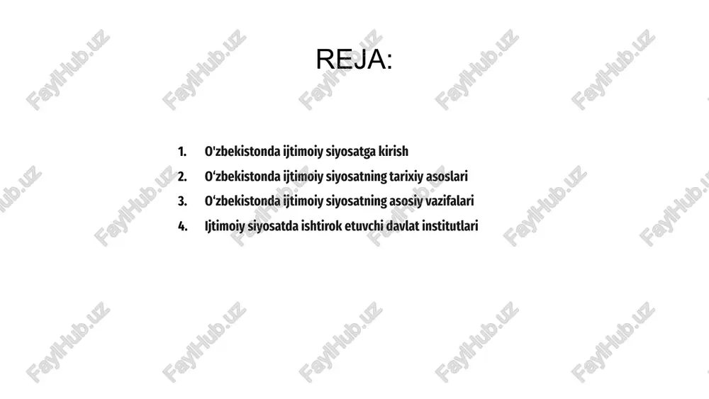 qilmoqda. 3 1 2 o'zbekistonda ijtimoiy nafaqalar turlari o‘zbekistonda ijtimoiy siyosat o‘ziga xos xususiyatlarga ega bo‘lib, turli ijtimoiy imtiyozlar berishga qaratilgan. bu imtiyozlar aholini qo‘llab-quvvatlash va farovonligini oshirishga qaratilgan. o‘zbekistondagi ijtimoiy nafaqalarga sog‘liqni saqlash xizmatlari, pensiyalar va ijtimoiy yordam dasturlari misol bo‘la oladi. 3 1 2 o‘zbekistonda ijtimoiy siyosatni amalga oshirishdagi muammolar o‘zbekiston ijtimoiy siyosatni amalga oshirishda turli muammolarga duch kelmoqda. asosiy muammolardan biri ijtimoiy dasturlarni qo'llab-quvvatlash uchun moliyaviy resurslarning etishmasligi. yana bir qiyinchilik - mamlakatning turli hududlarida ijtimoiy xizmatlardan foydalanishdagi tengsizlikni bartaraf etish zarurati. qolaversa, hukumat ijtimoiy siyosatni samarali amalga oshirishga to'sqinlik qilayotgan korruptsiya muammosini hal qilishi kerak. o‘zbekistonda ijtimoiy dasturlarning samaradorligi 02 03 01 o‘zbekistonda ijtimoiy siyosat ijtimoiy dasturlarning samaradorligini oshirishga xizmat qiluvchi turli o‘ziga xosliklarga ega. bu dasturlar aholining ijtimoiy ehtiyojlarini qondirish, turmush farovonligini oshirishga qaratilgan. maqsadli tadbirlar va keng qamrovli siyosat tufayli o‘zbekiston samarali ijtimoiy dasturlarni amalga oshirishda muvaffaqiyat qozondi. o'zbekistonda ijtimoiy siyosatning moliyaviy resurslari 01 …